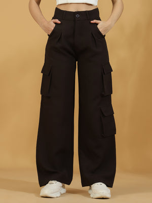 A pair of wide leg, dark brown baggy pants with multiple pockets, worn by a model