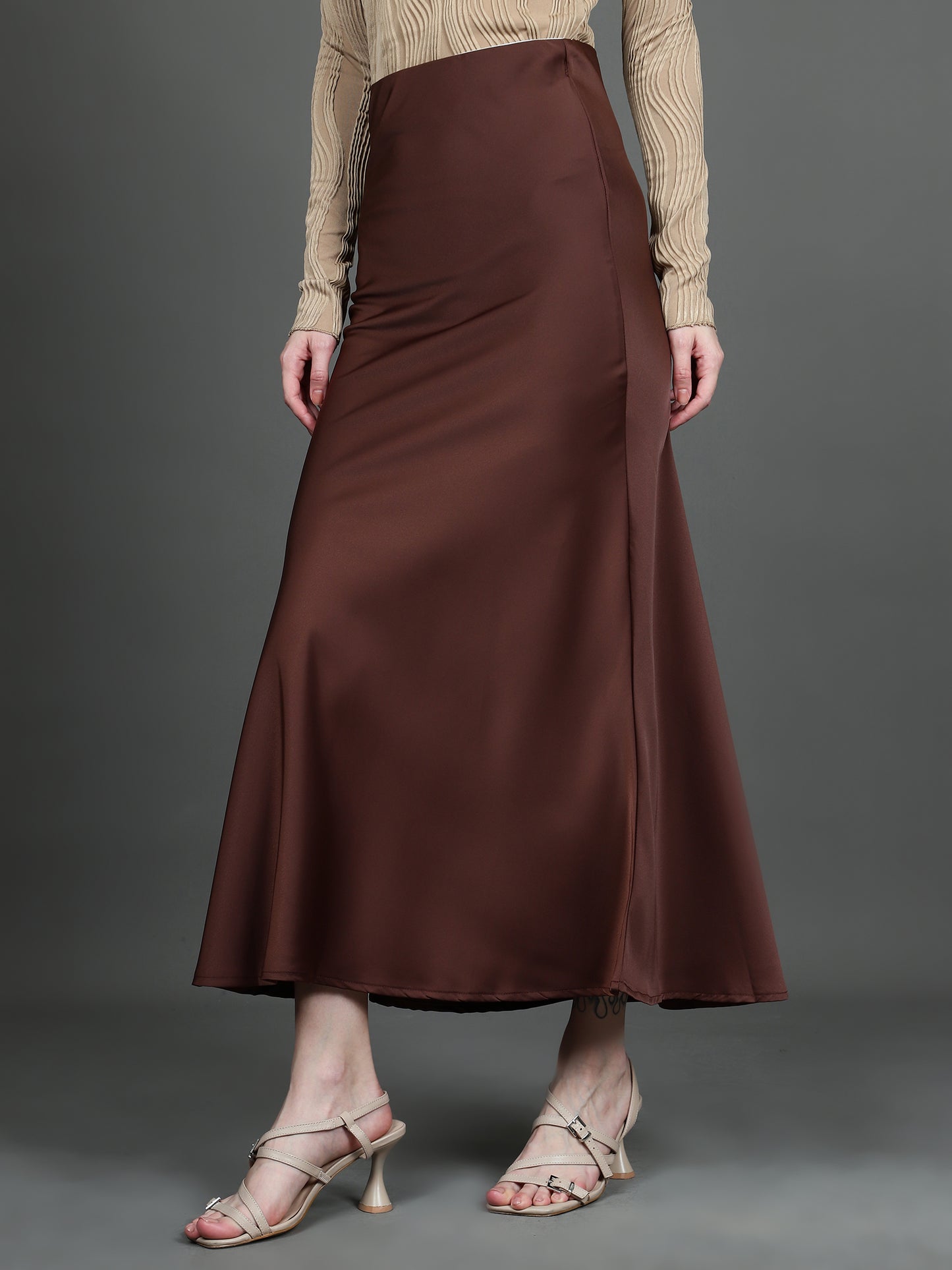 Solid Satin Long Skirt (Dark Brown)