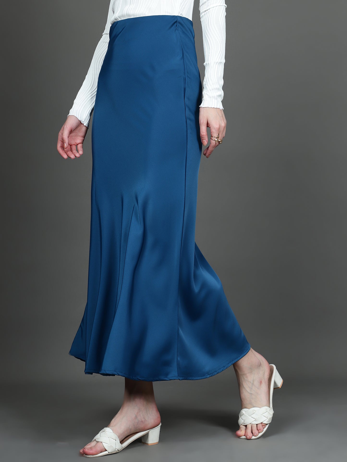 Solid Satin Long Skirt (Blue)