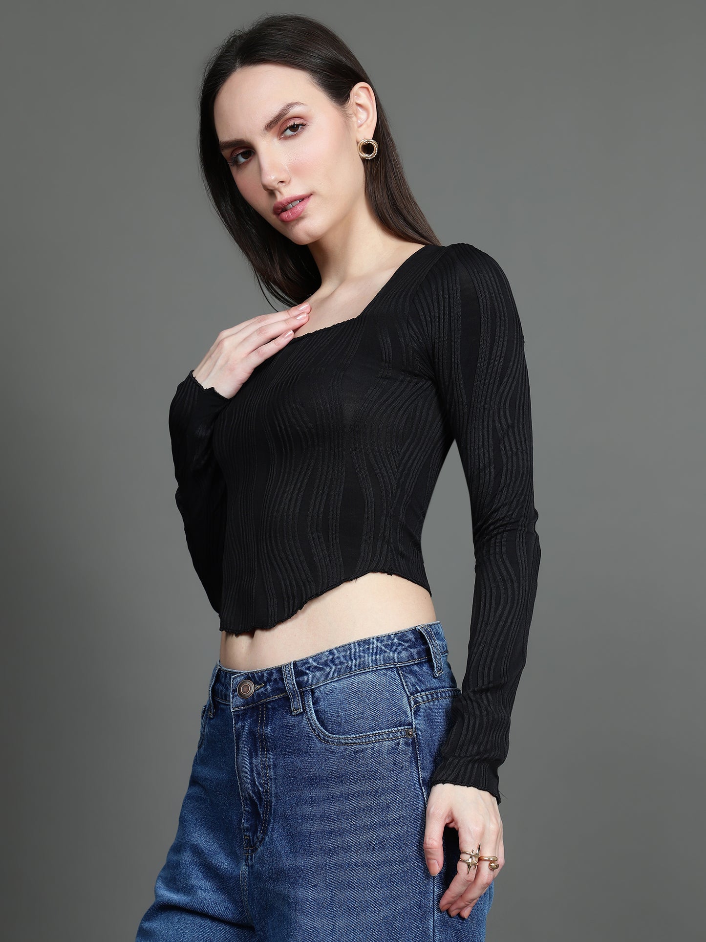 Full Sleeve Square Neck T-Shirt (Black)