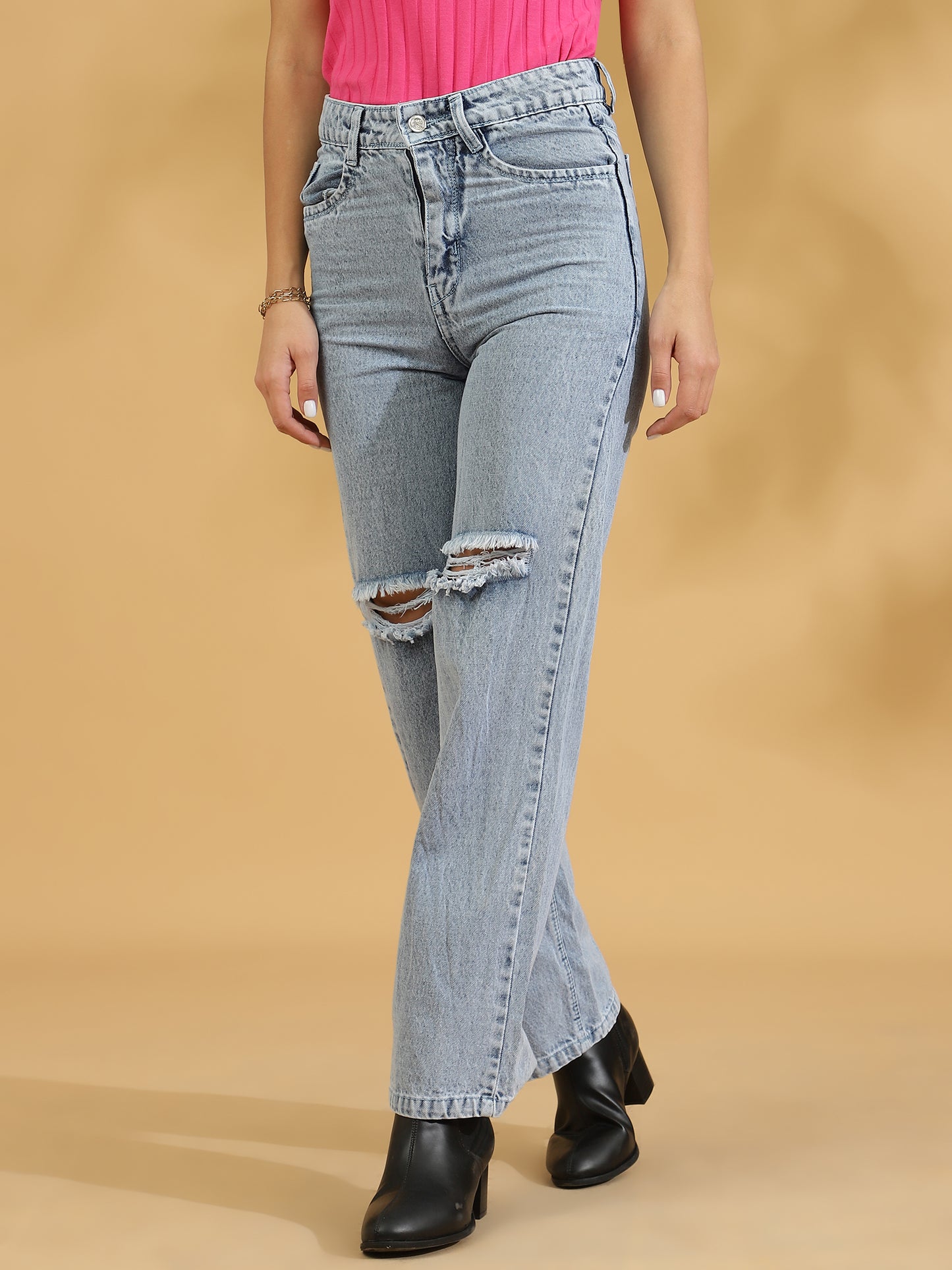 High Rise Distressed Straight fit Jeans (Light Blue)