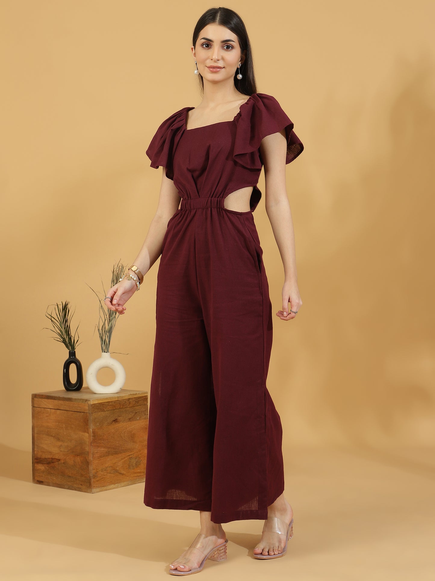 Solid Cutout Sleeveless Jumpsuit (Maroon)