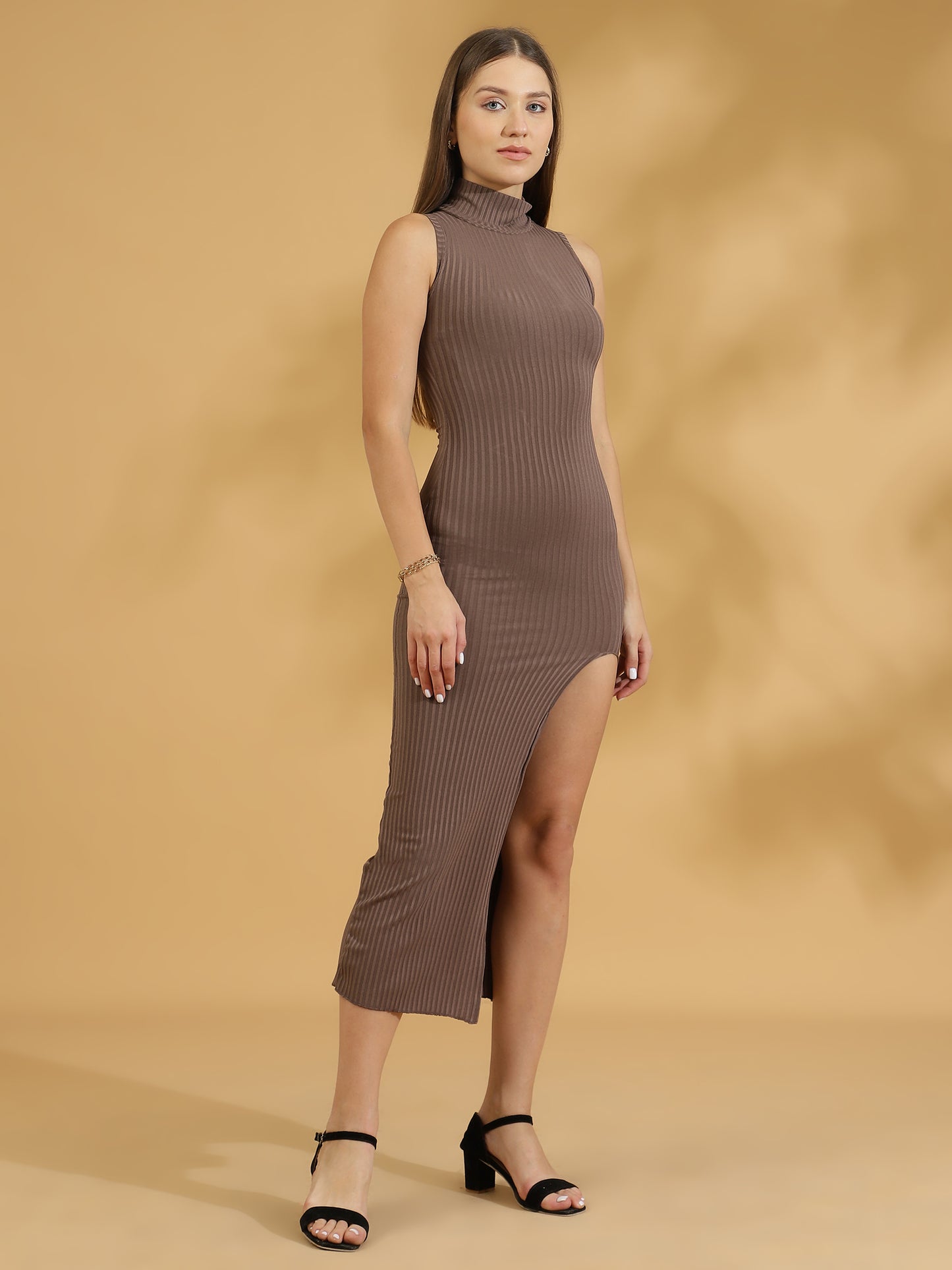 Ribbed Sleeveless Bodycon (Dark Beige)