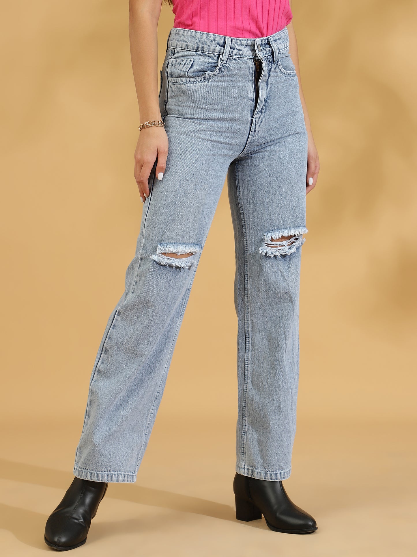 High Rise Distressed Straight fit Jeans (Light Blue)