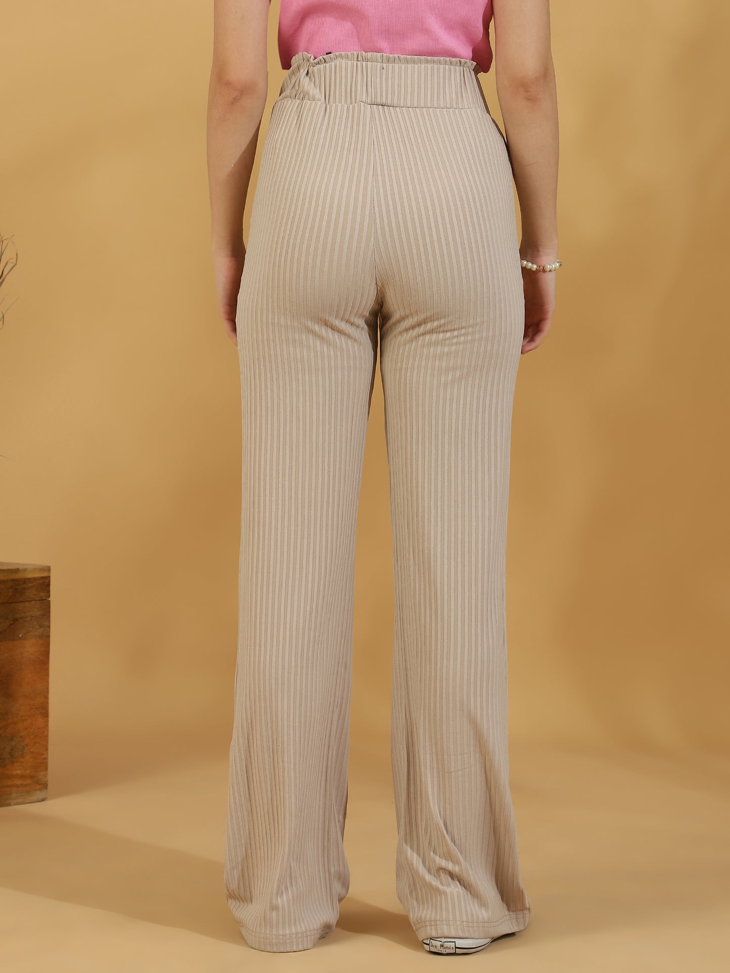 Solid Ribbed Trousers (Light Beige)