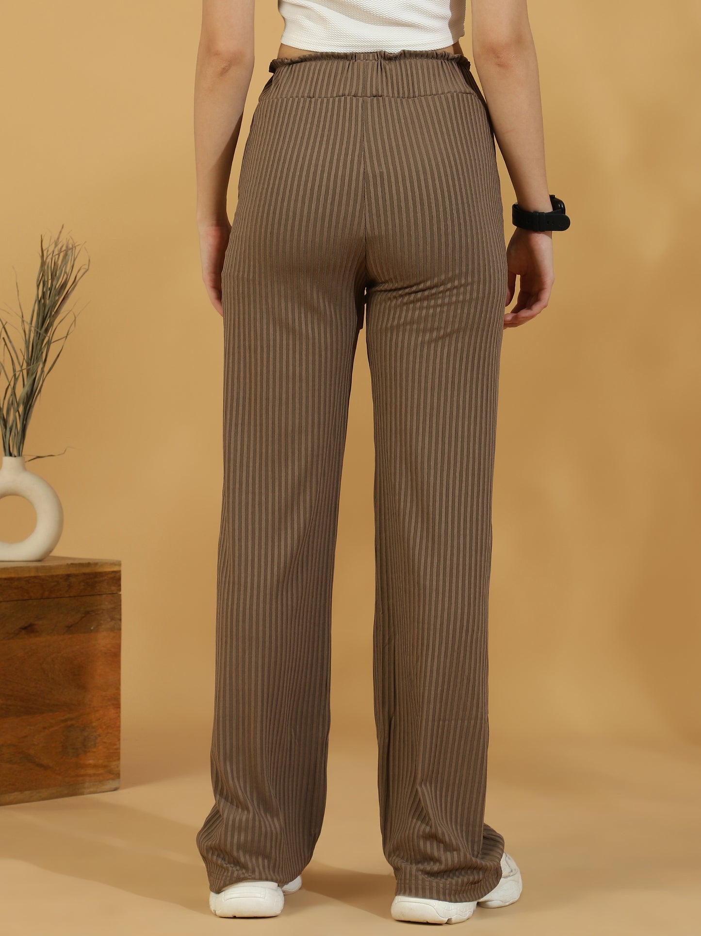 Solid Ribbed Trousers (Dark Beige)