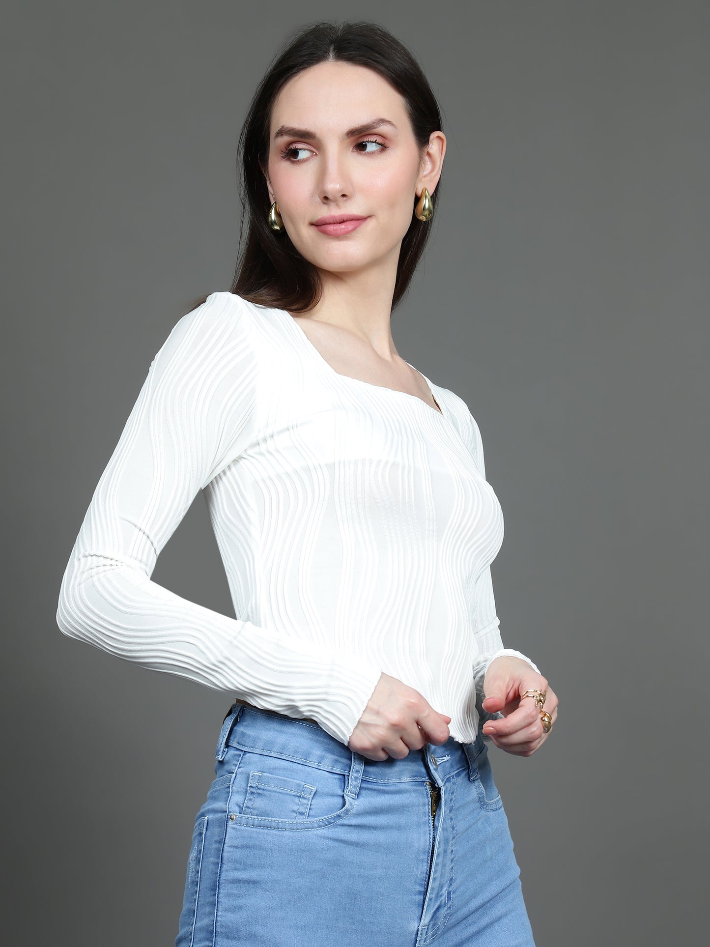 Full Sleeve Square Neck T-Shirt (White)