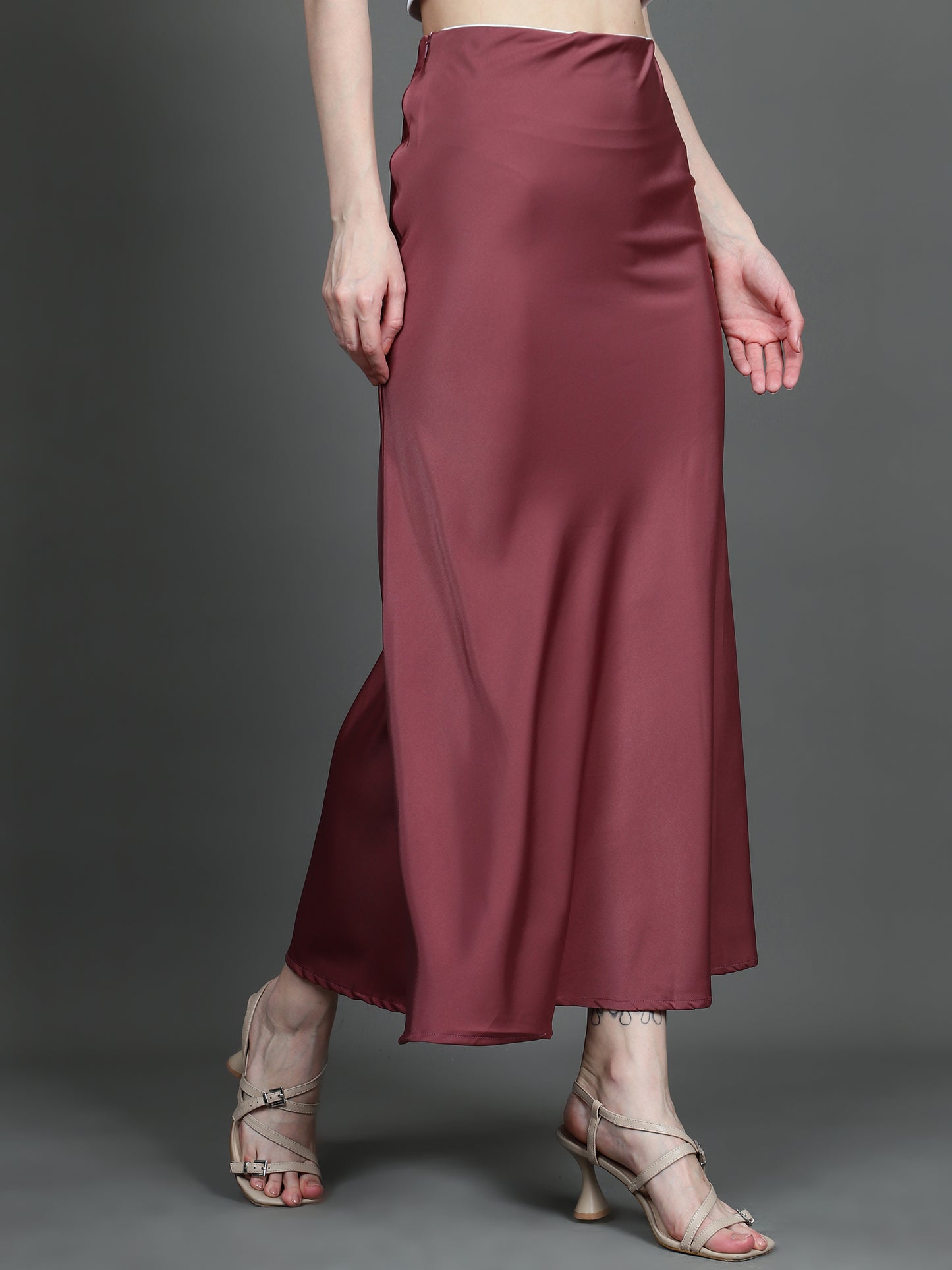 Solid Satin Long Skirt (Red)