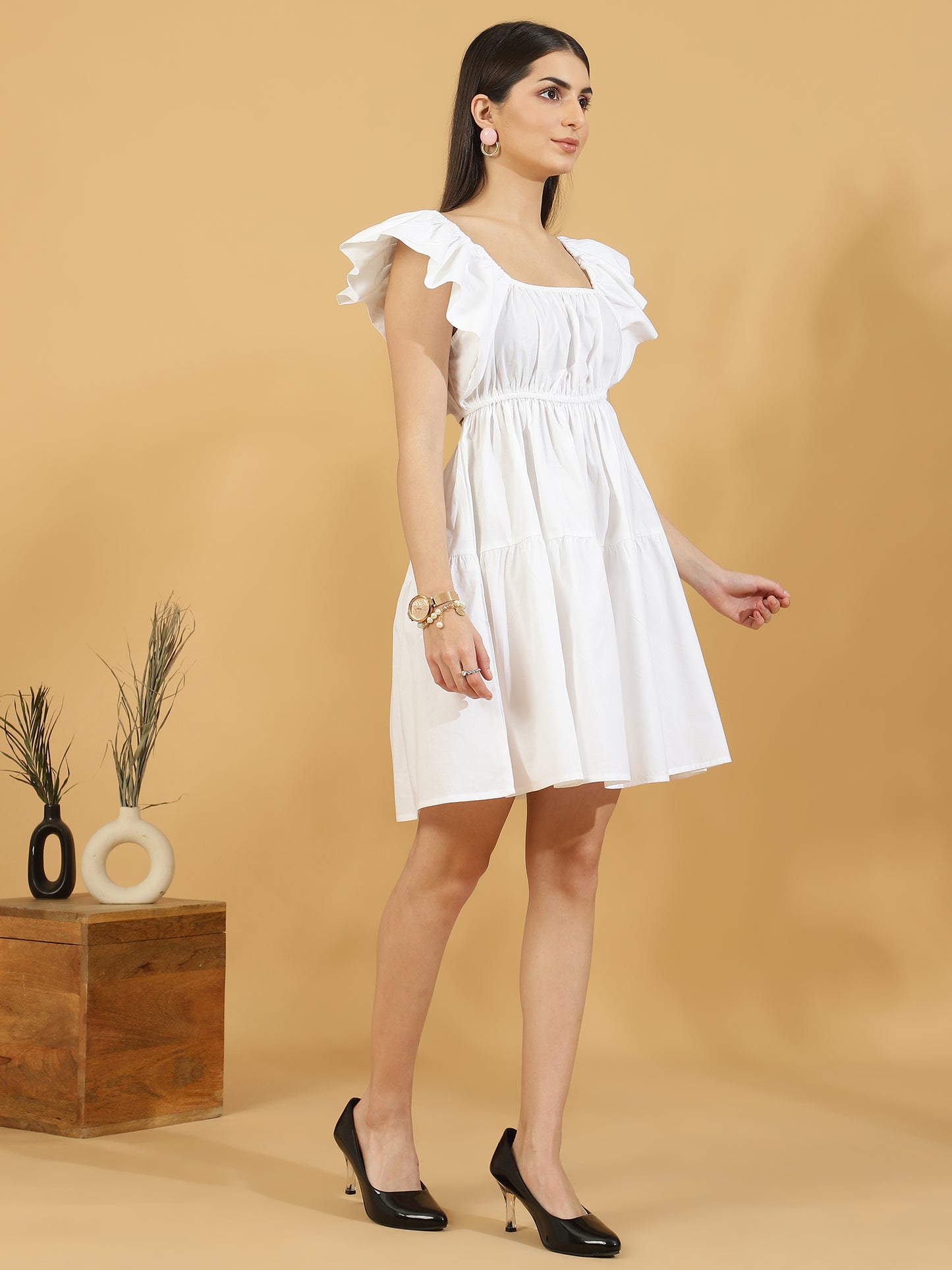 Solid Squared Neck Puff Sleeve One Piece Dress (White)