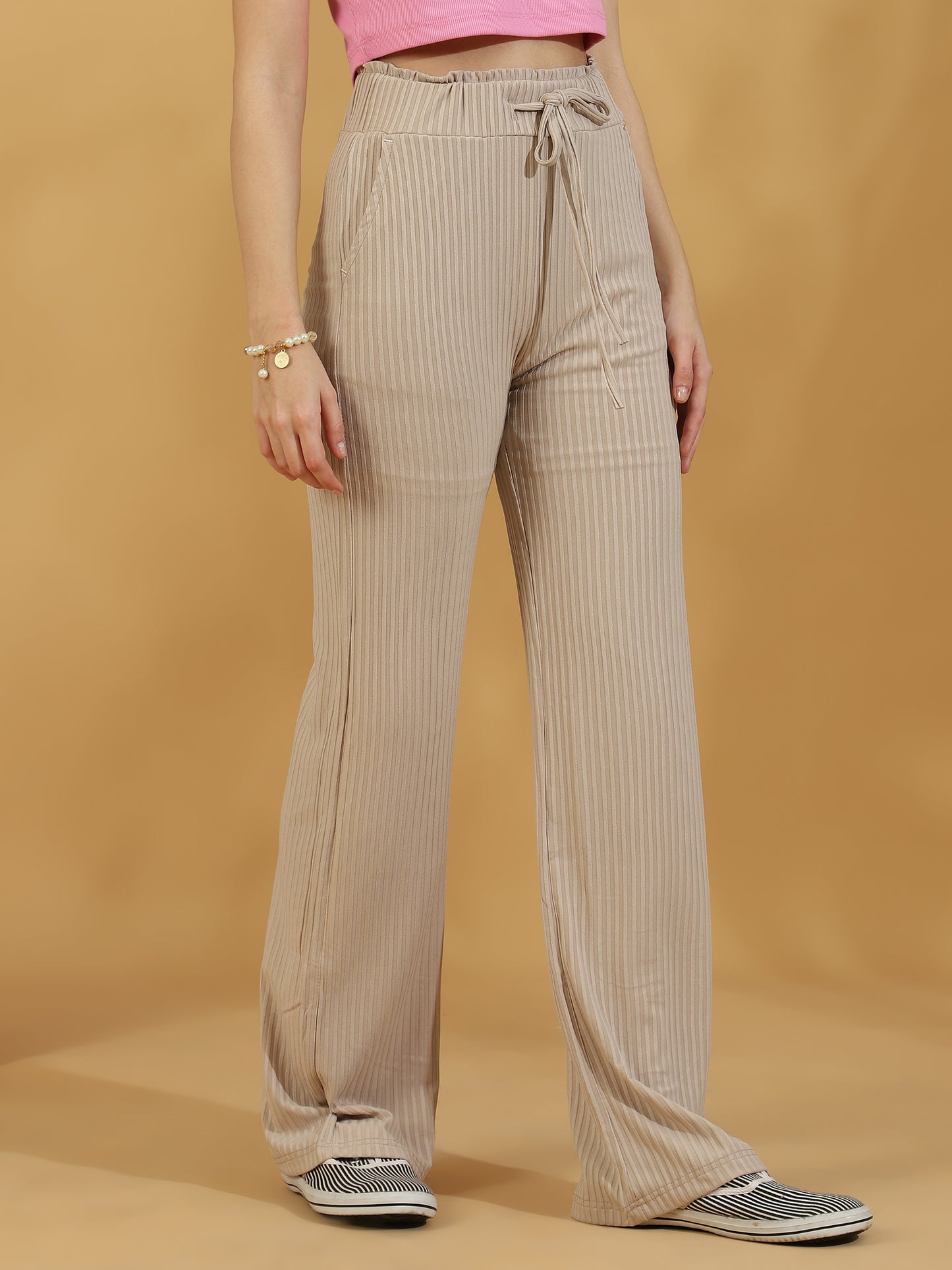 Solid Ribbed Trousers (Light Beige)