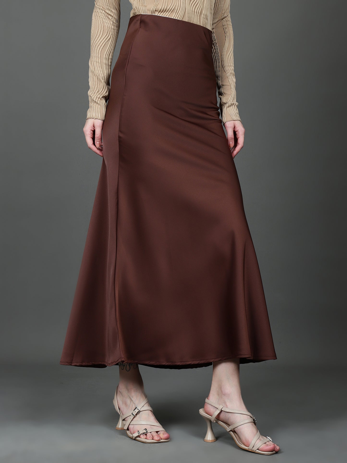 Solid Satin Long Skirt (Dark Brown)