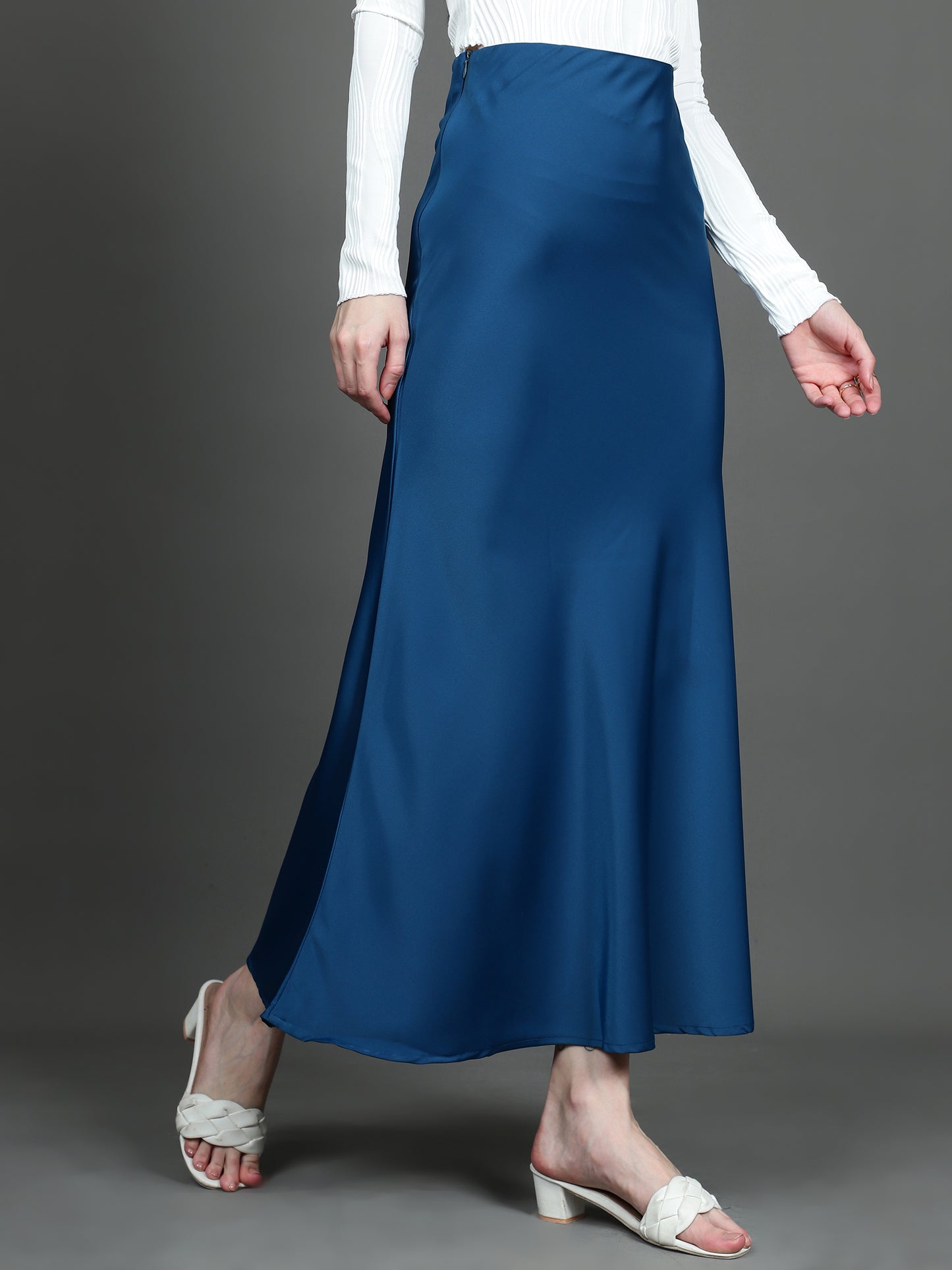 Solid Satin Long Skirt (Blue)