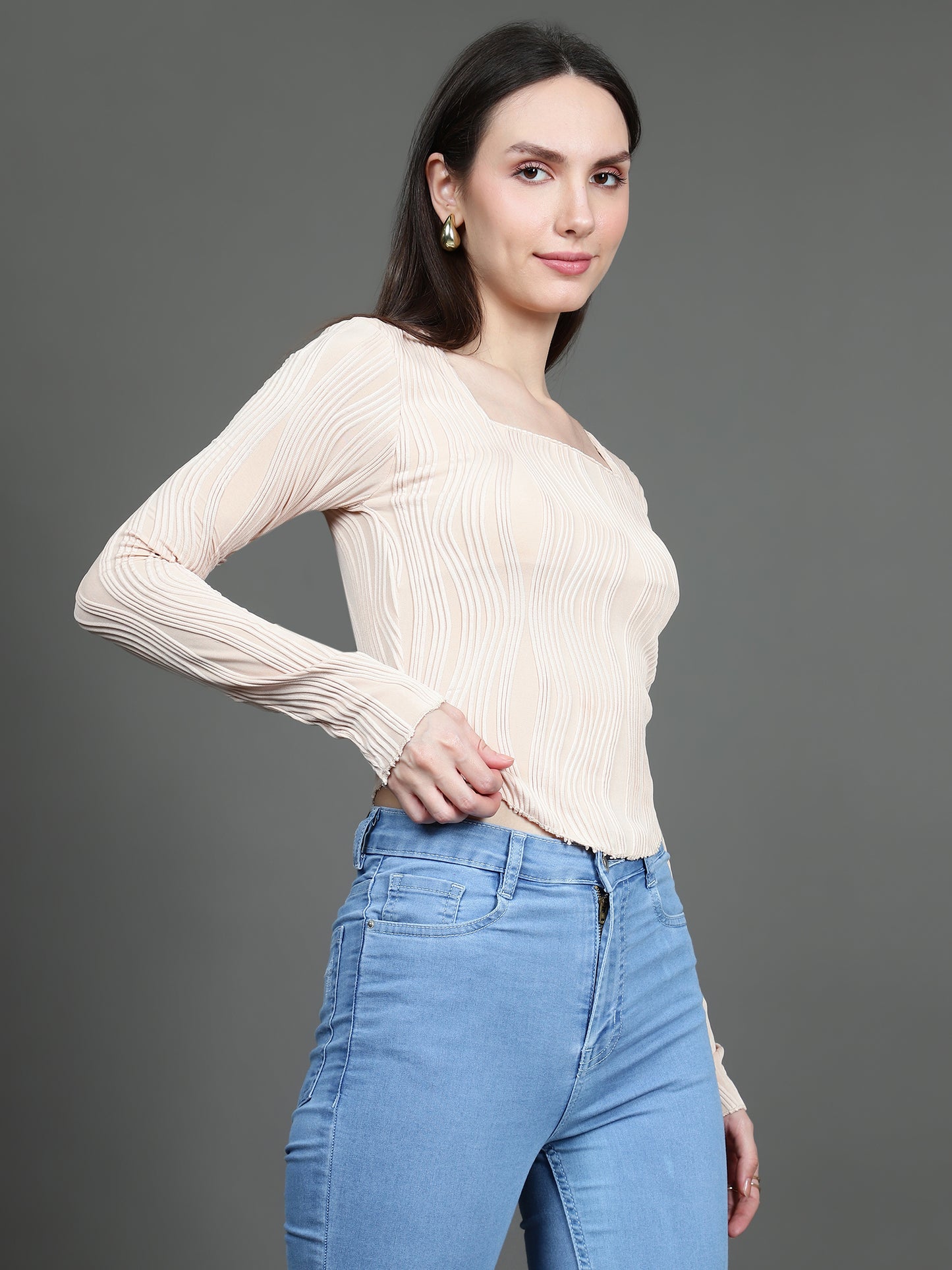 Full Sleeve Square Neck T-Shirt (Cream)
