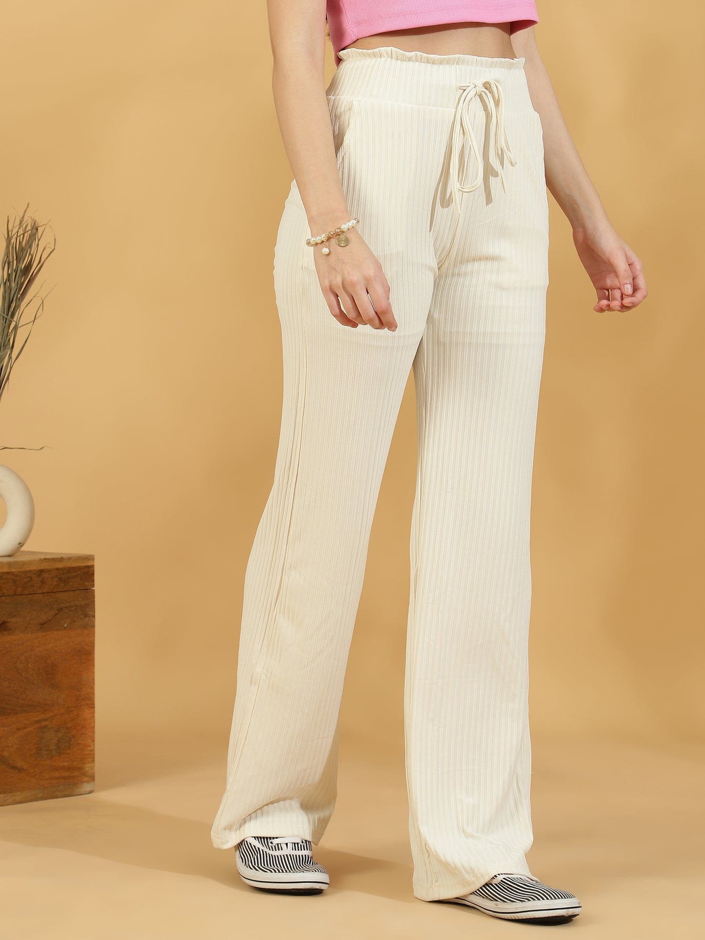 Solid Ribbed Trousers (White)