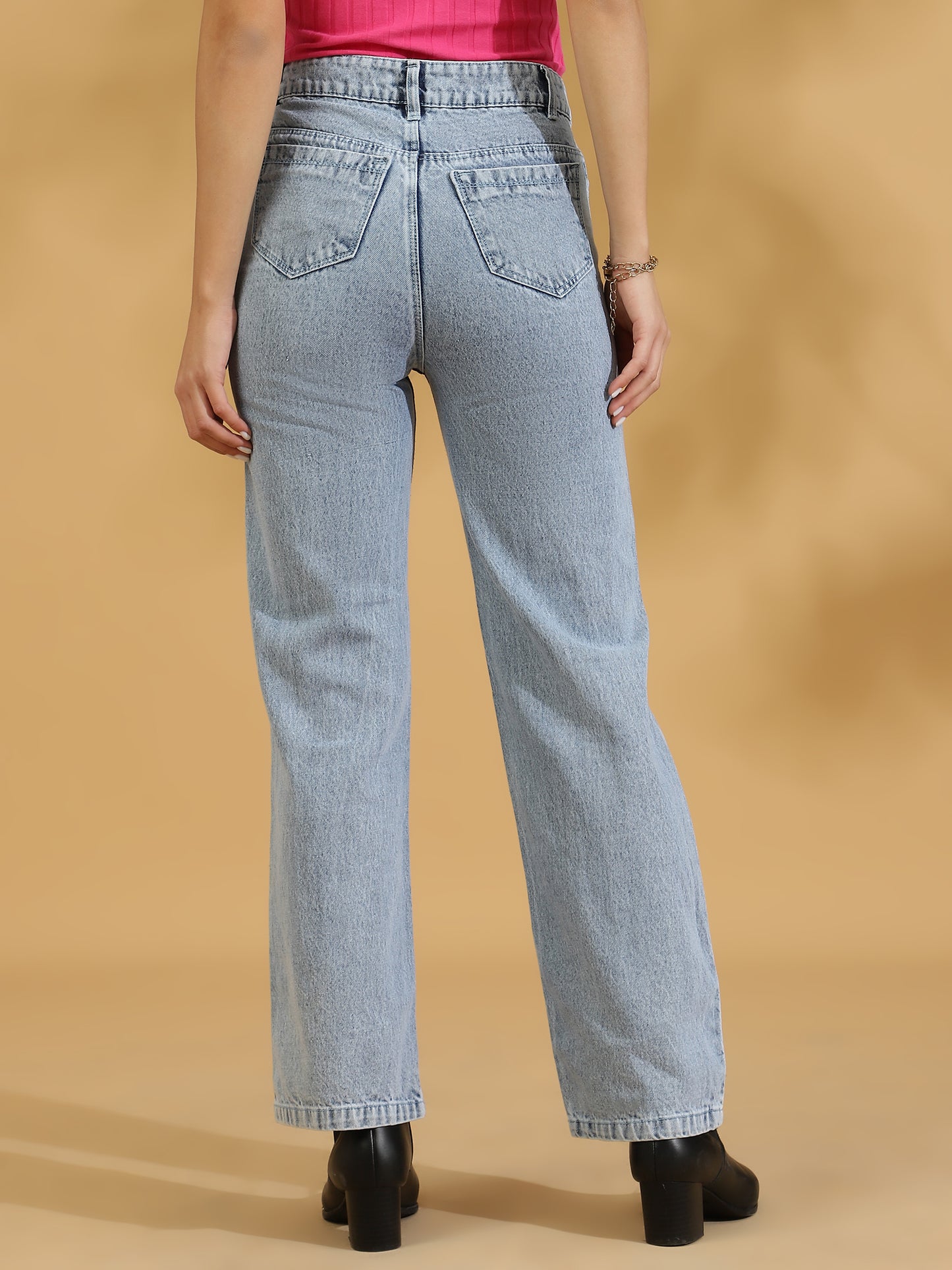 High Rise Distressed Straight fit Jeans (Light Blue)