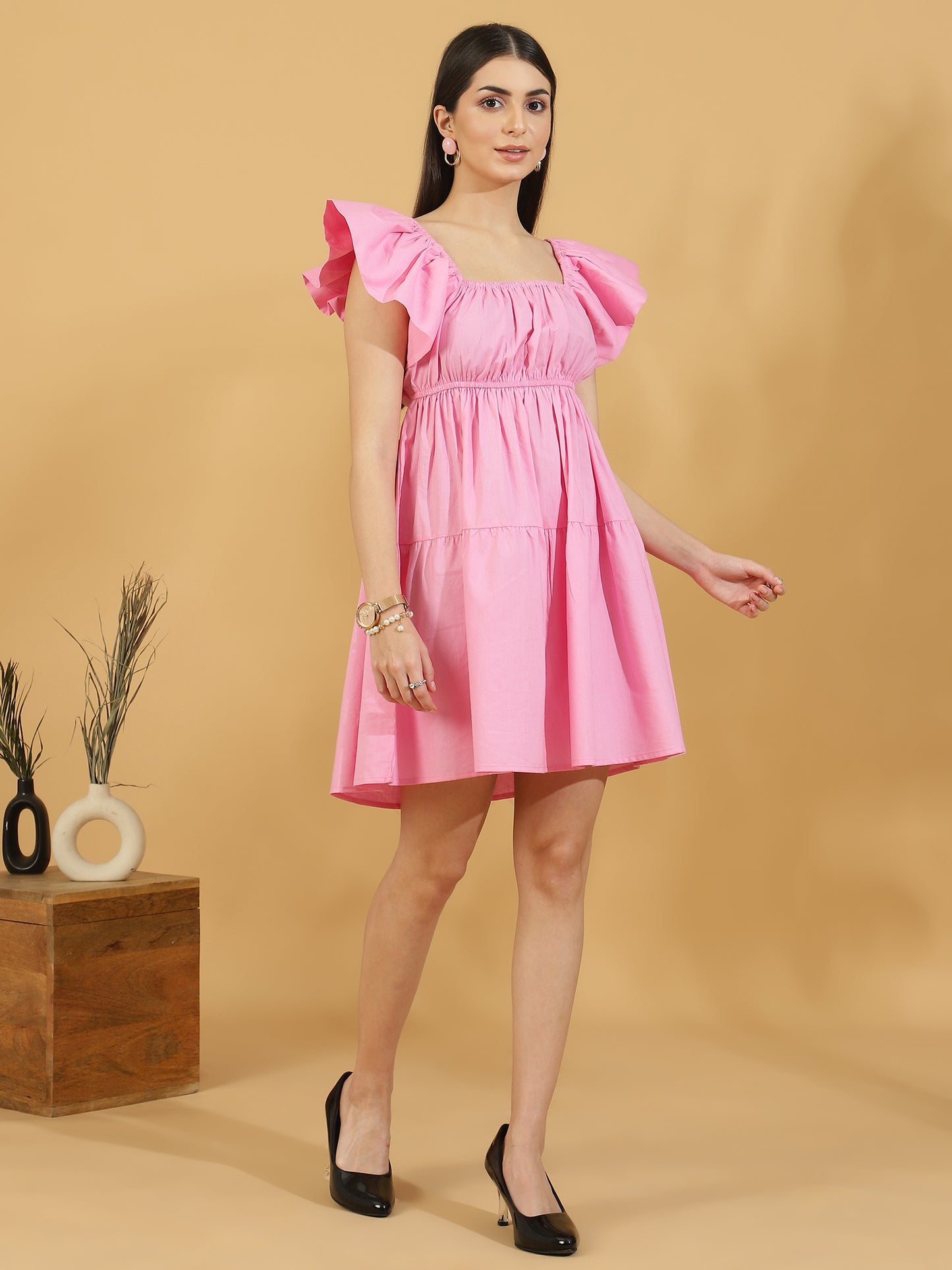 Solid Squared Neck Puff Sleeve One Piece Dress