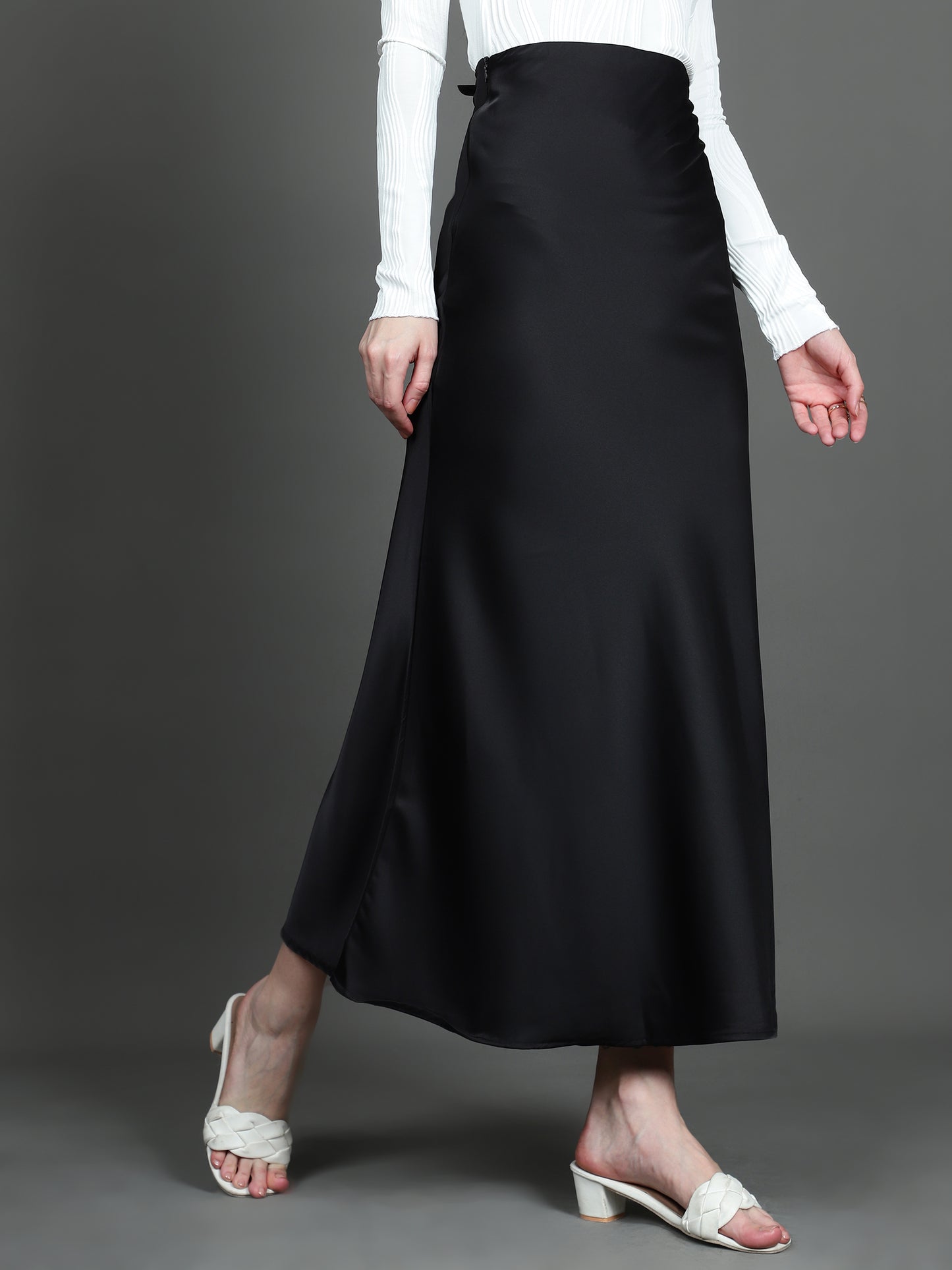 Solid Satin Long Skirt (Black)