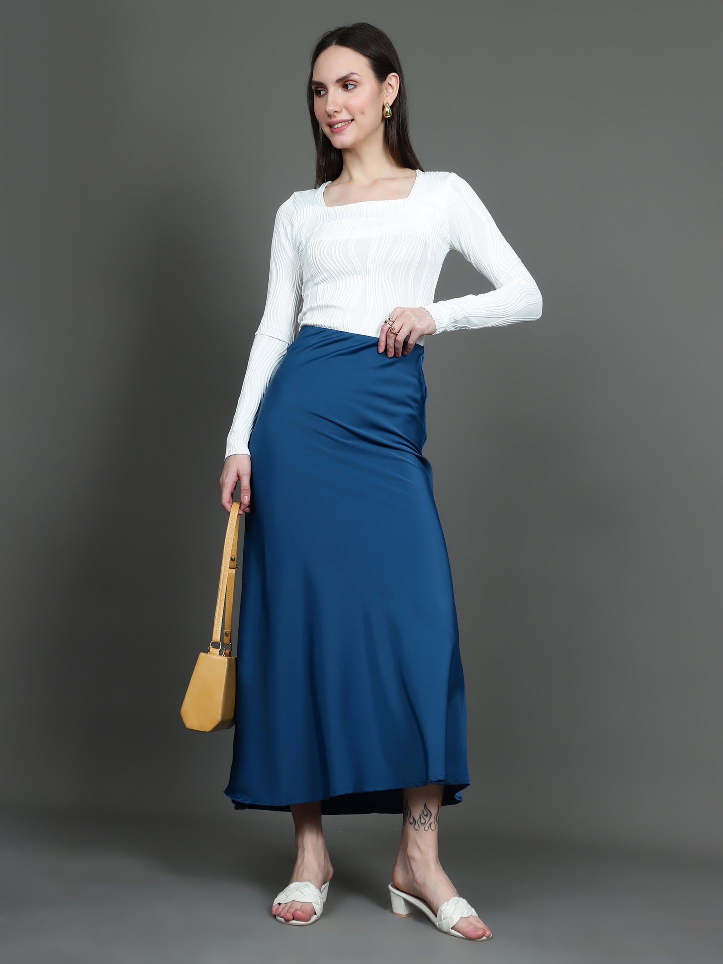 Solid Satin Long Skirt (Blue)