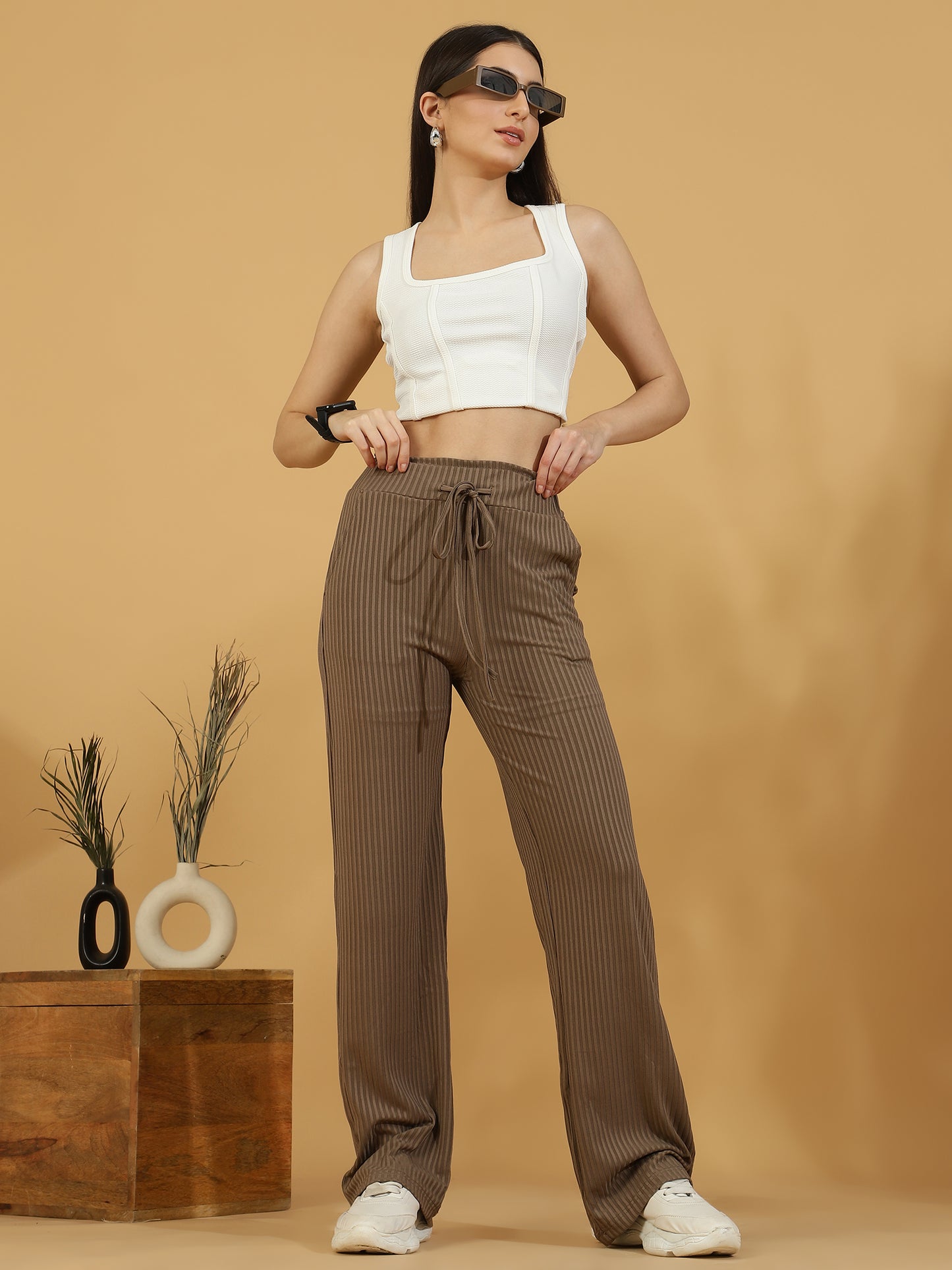 Solid Ribbed Trousers (Dark Beige)