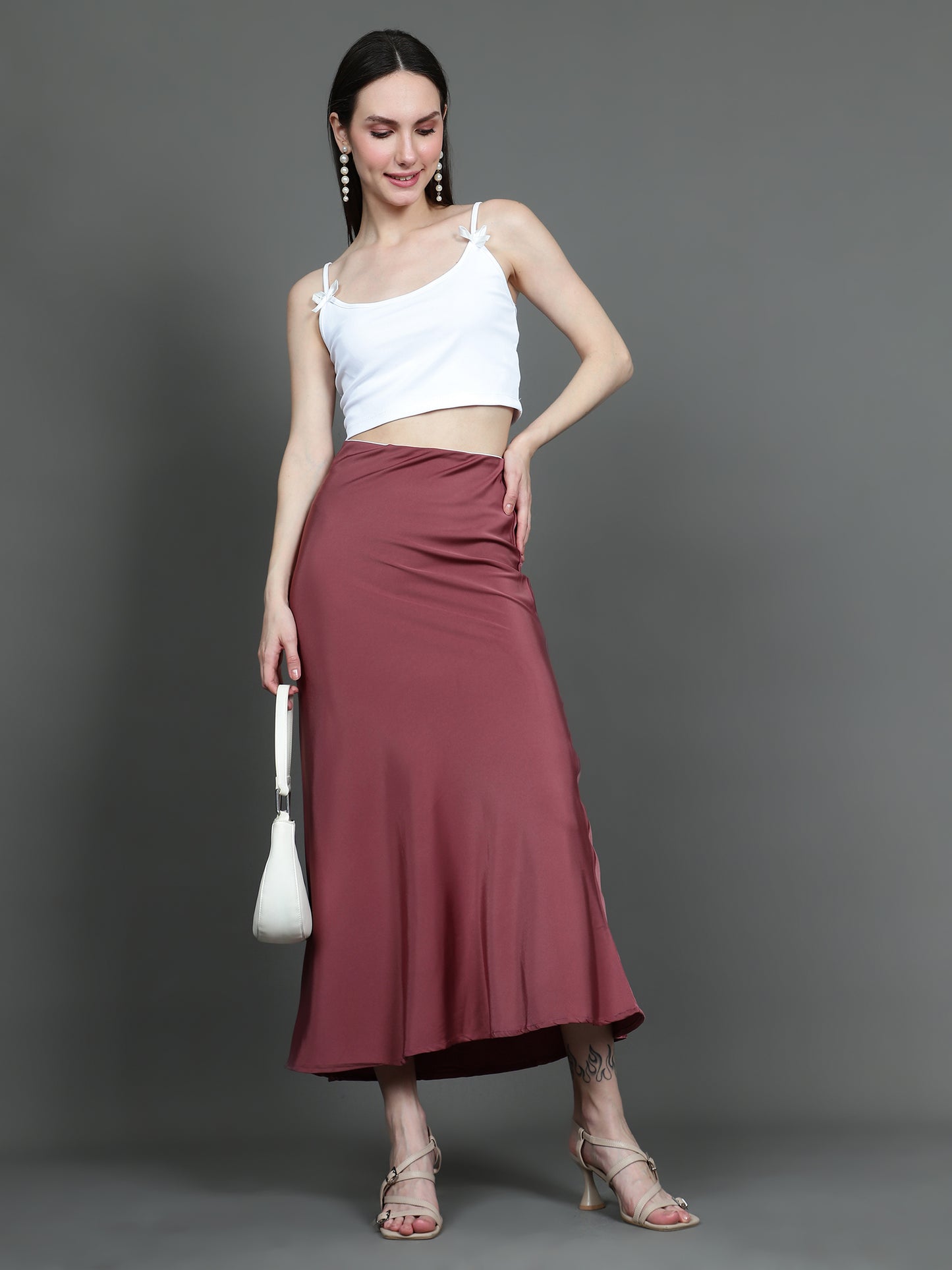 Solid Satin Long Skirt (Red)
