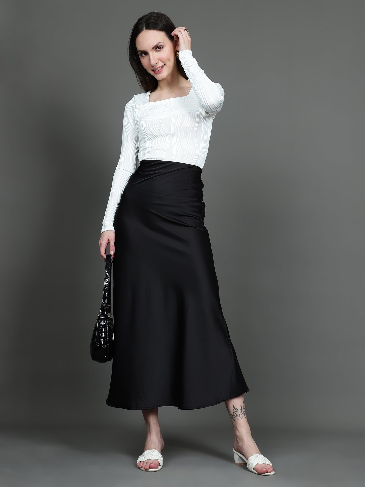 Solid Satin Long Skirt (Black)