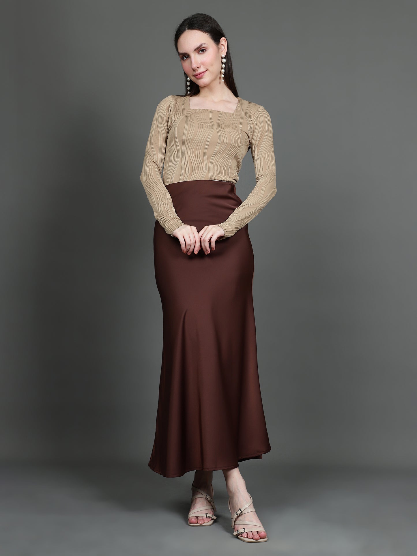 Solid Satin Long Skirt (Dark Brown)