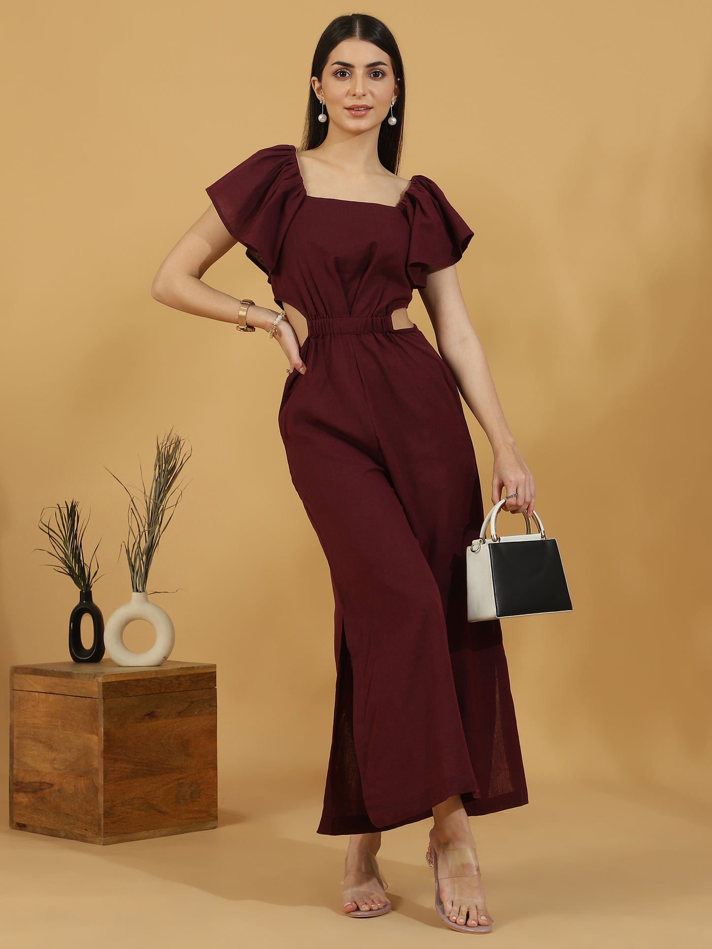 Solid Cutout Sleeveless Jumpsuit (Maroon)