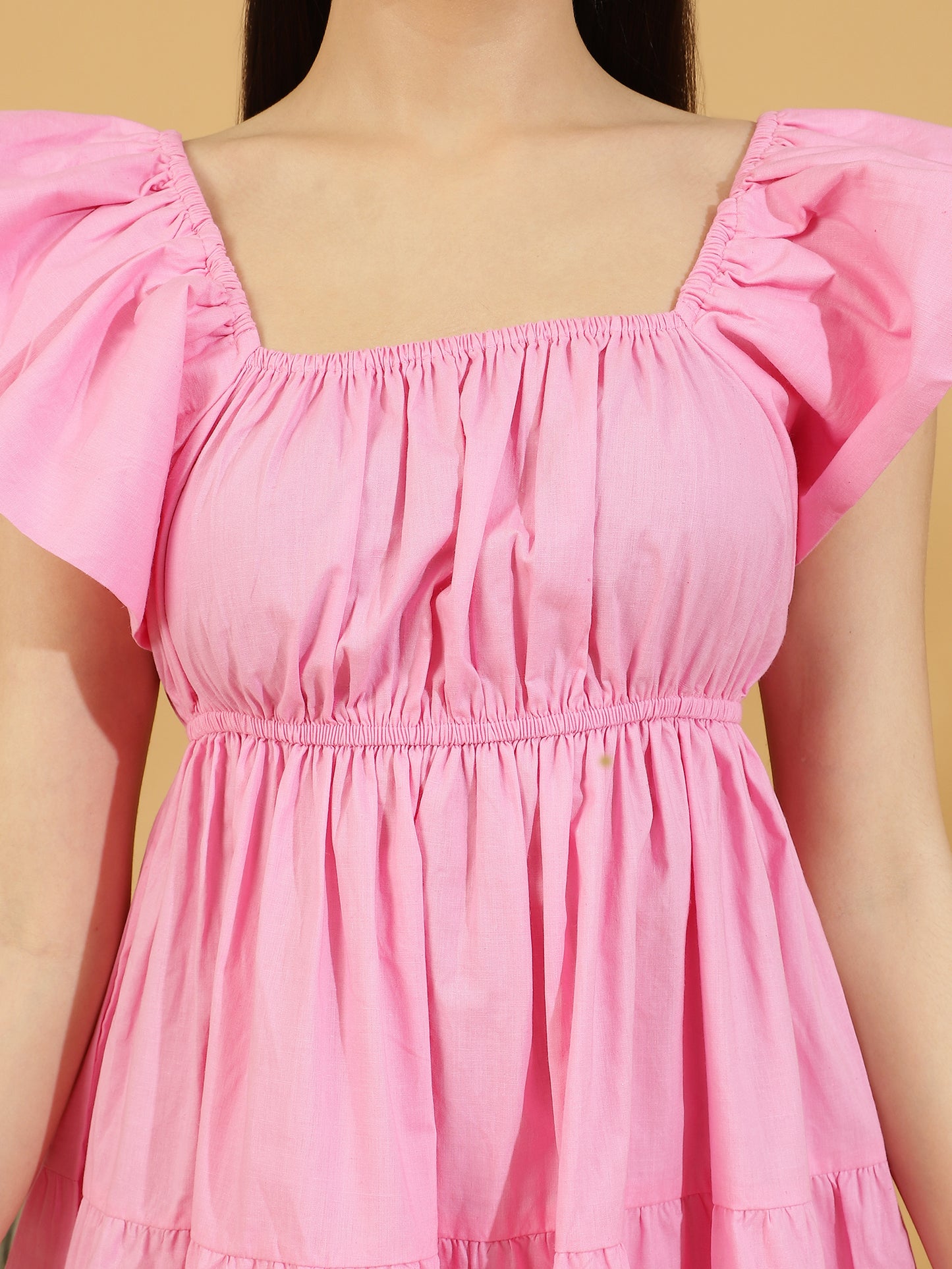 Solid Squared Neck Puff Sleeve One Piece Dress
