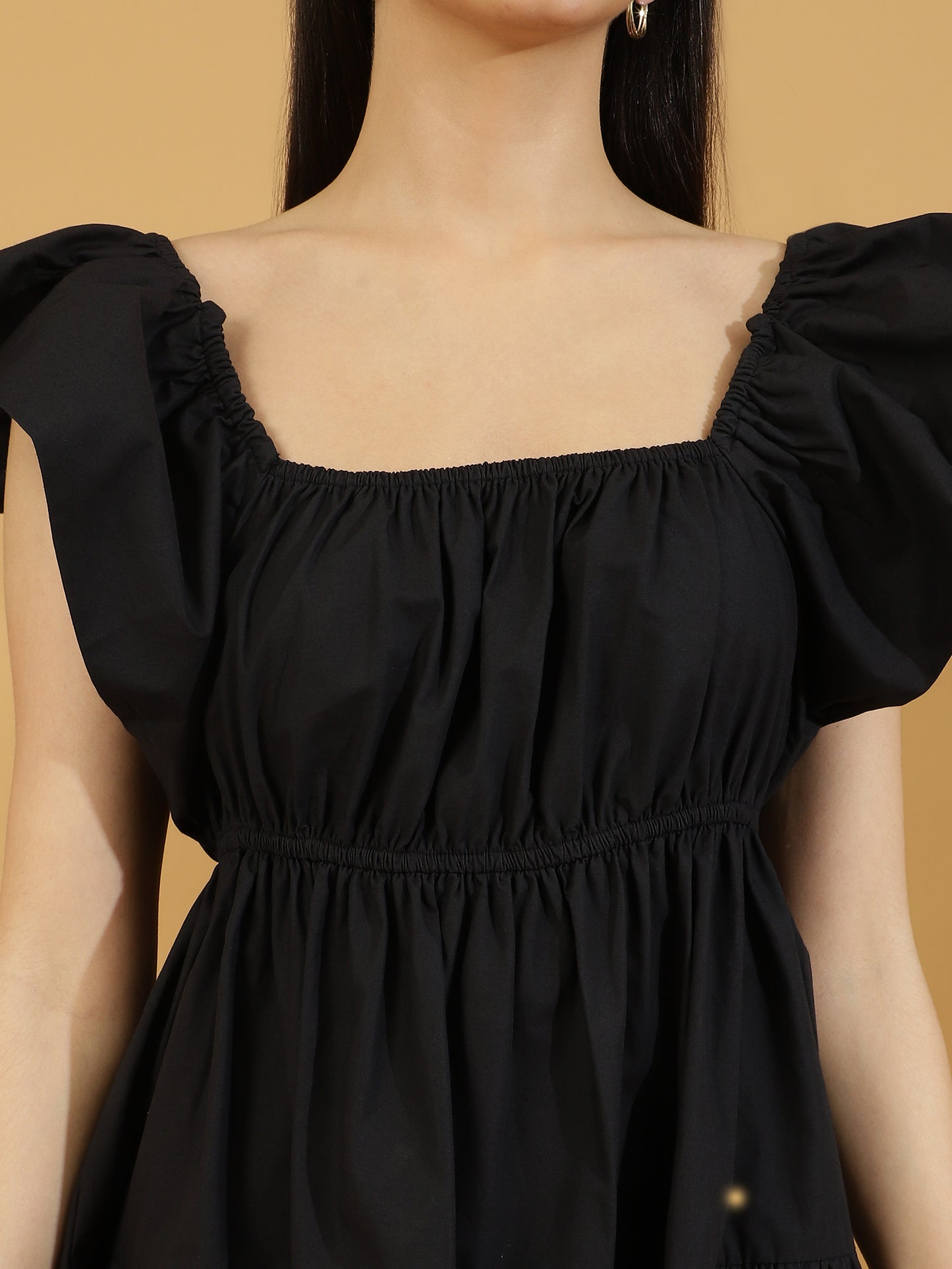 Solid Squared Neck Puff Sleeve One Piece Dress (Black)