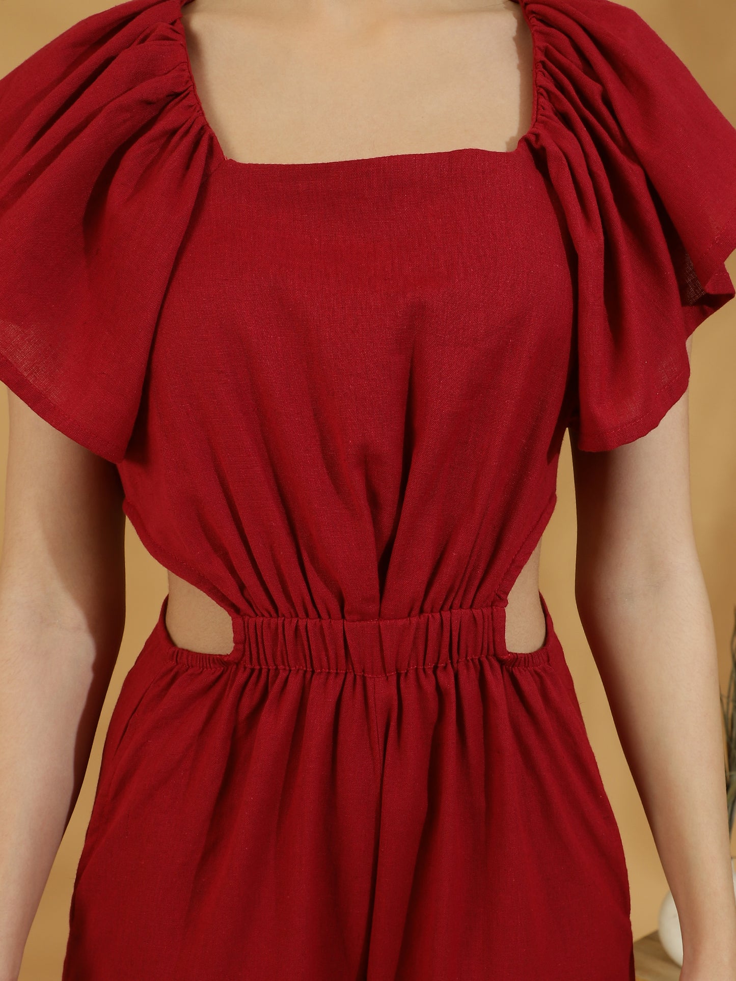 Solid Cutout Sleeveless Jumpsuit (Red)