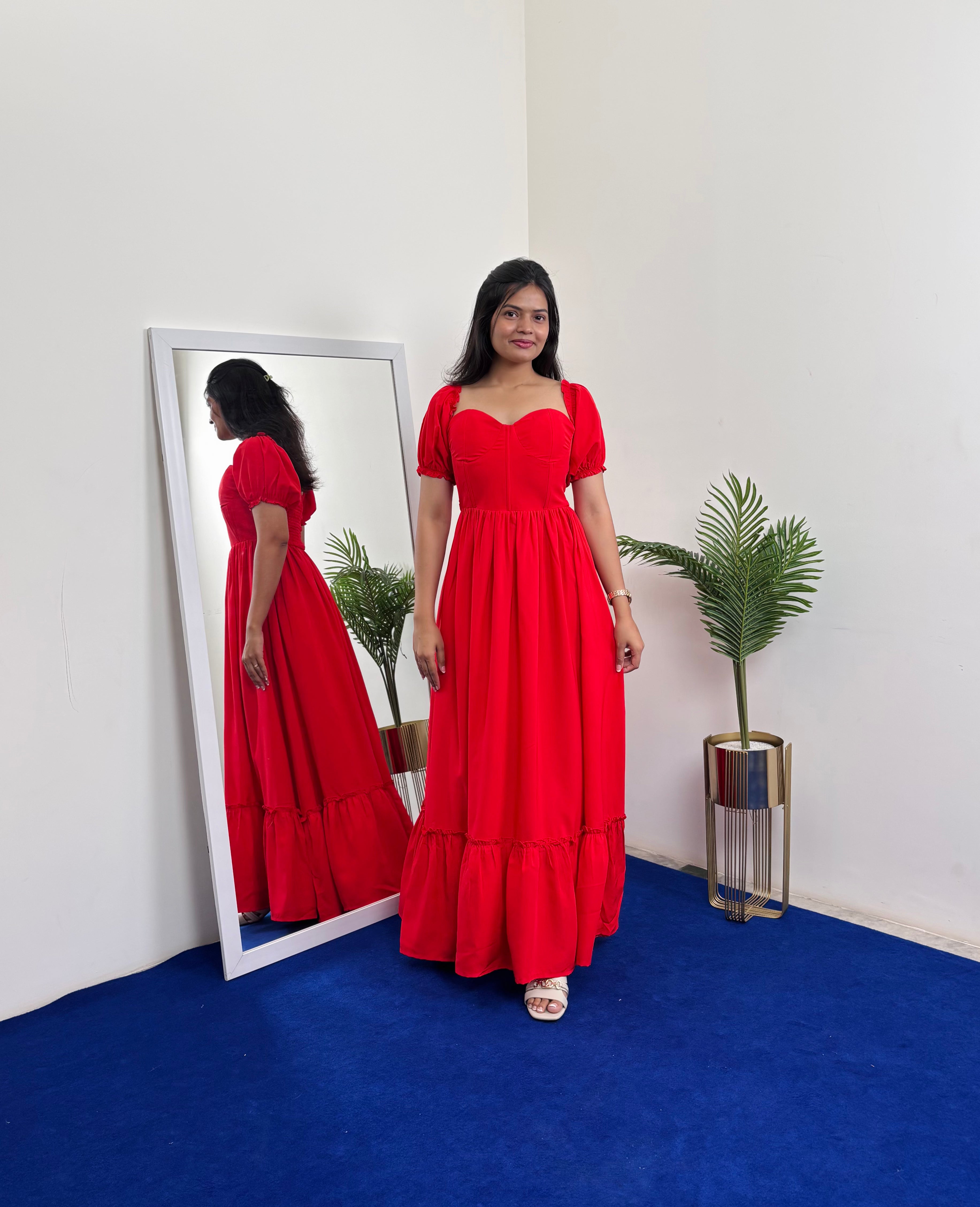 strapless open back dress Puff Sleeve Maxi Dress for Women - Red
