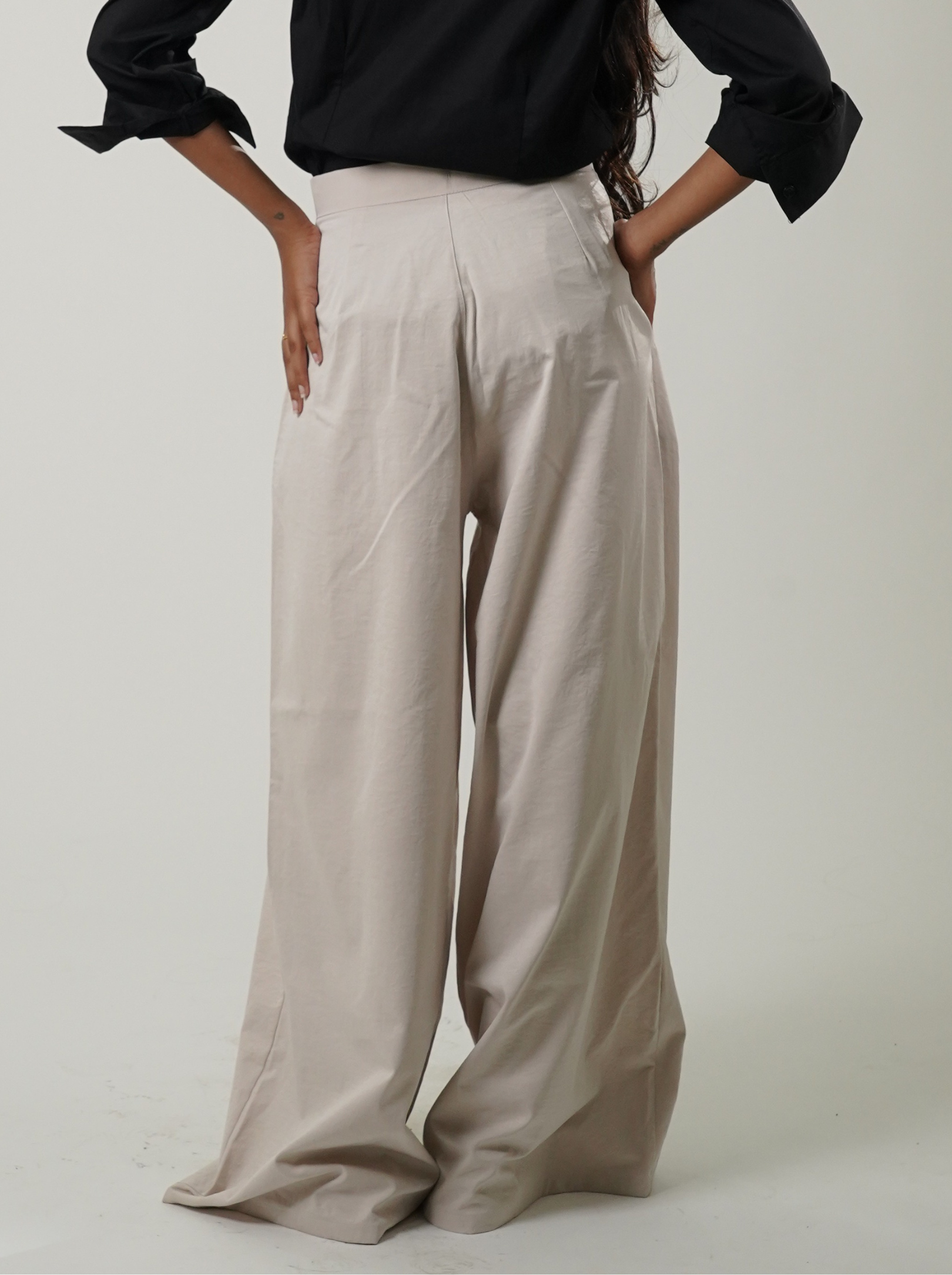 High Waist Wide Leg Korean Trousers (Light Beige)