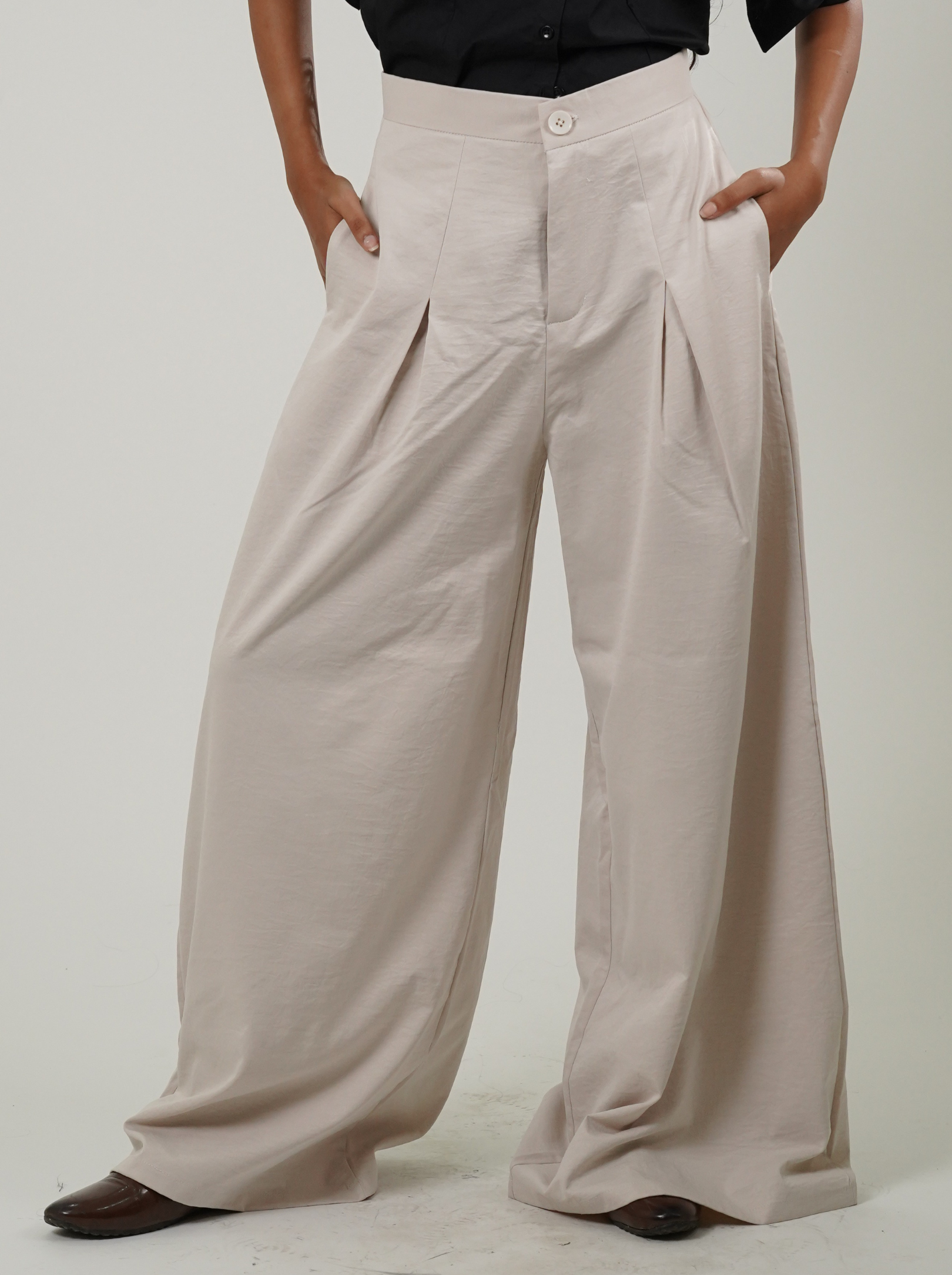 High Waist Wide Leg Korean Trousers (Light Beige)