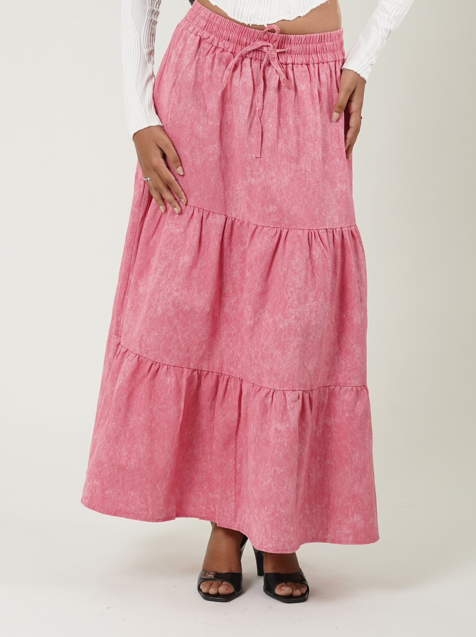 Acid Wash Drawstring Waist Tiered Skirt