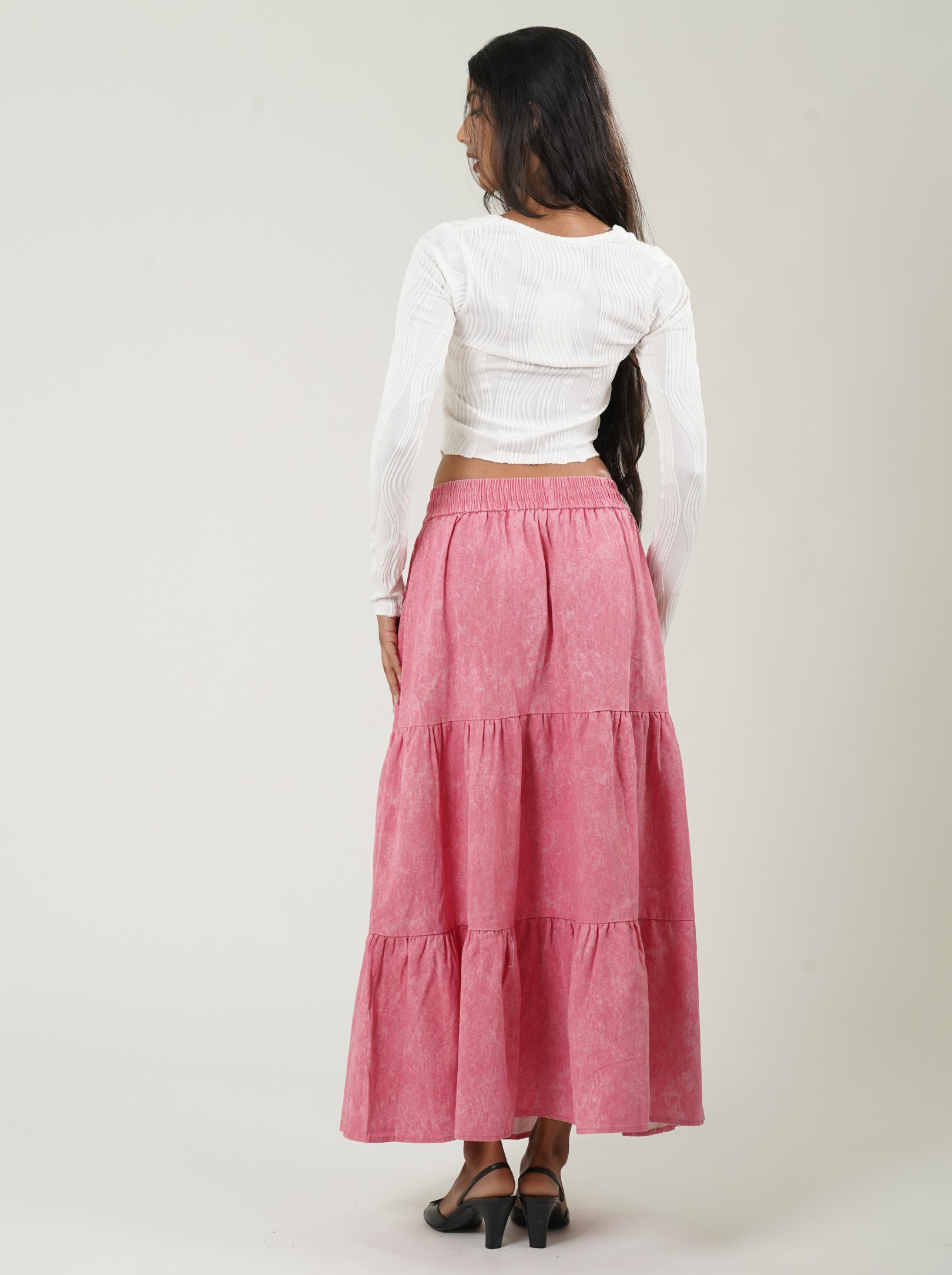 Acid Wash Drawstring Waist Tiered Skirt