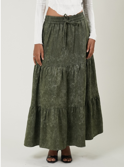Acid Wash Drawstring Waist Tiered Skirt (Green)