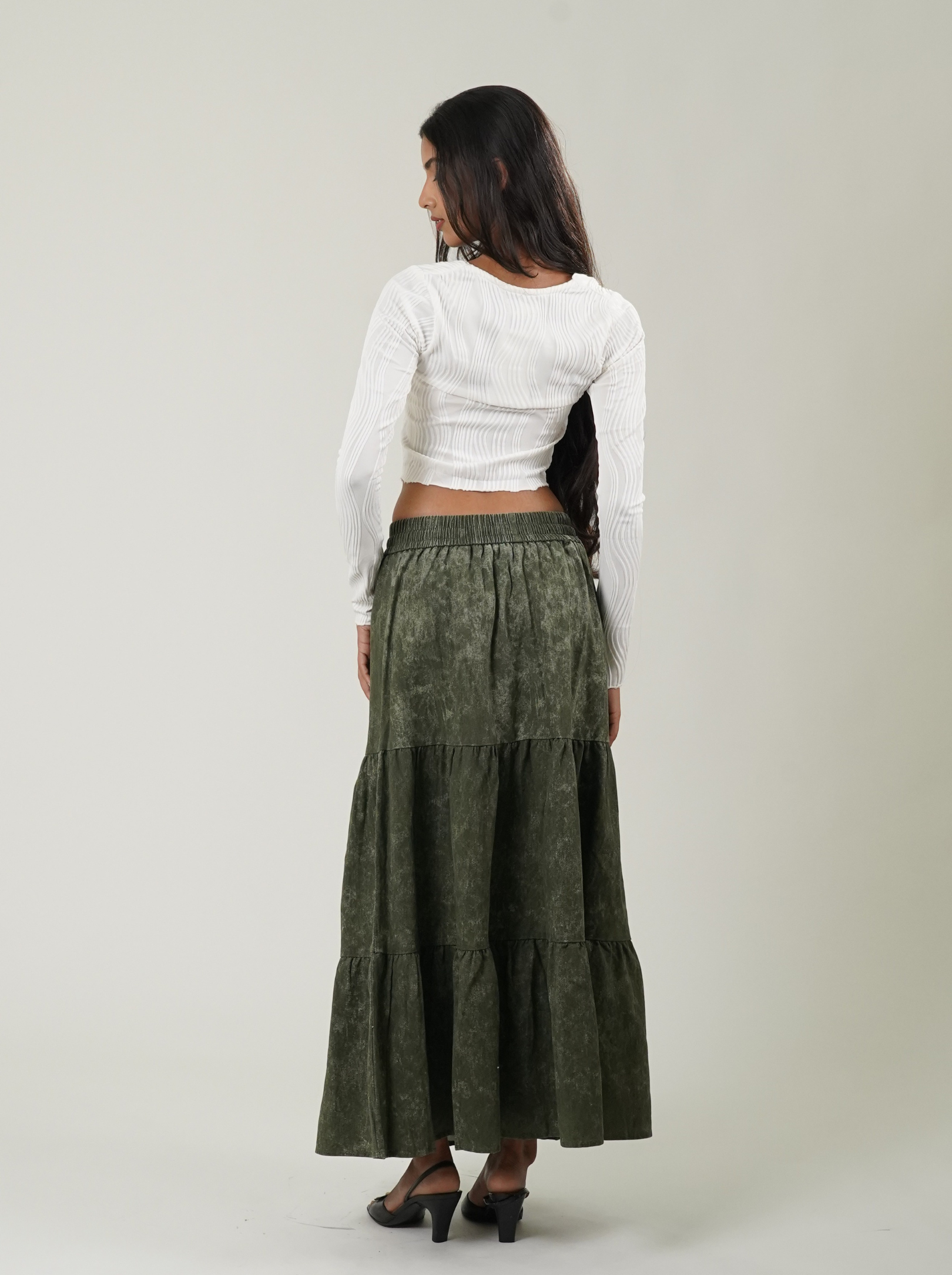 Acid Wash Drawstring Waist Tiered Skirt (Green)