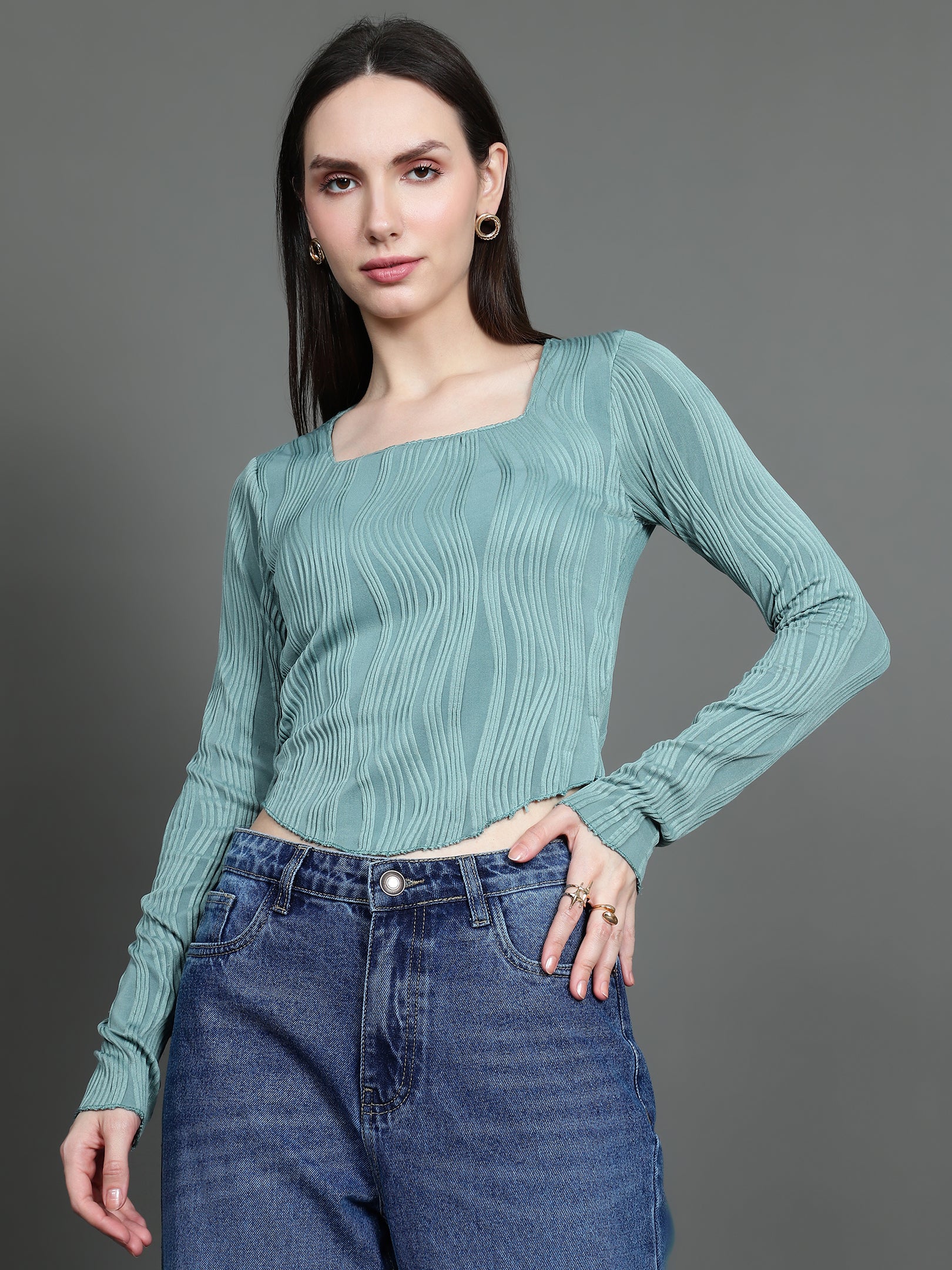 Full Sleeve Square Neck T-Shirt (Basil Green)