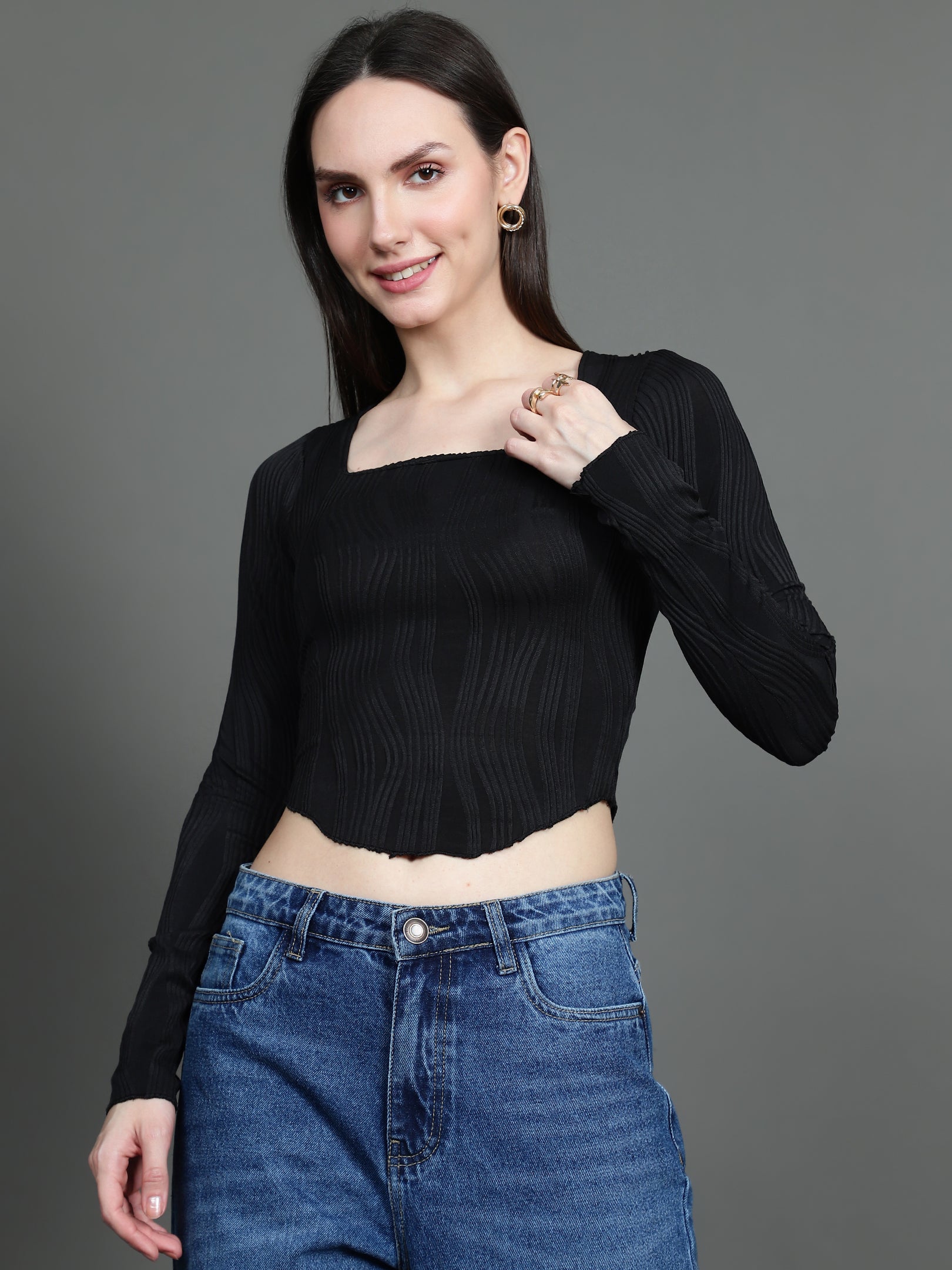 Full Sleeve Square Neck T-Shirt (Black)