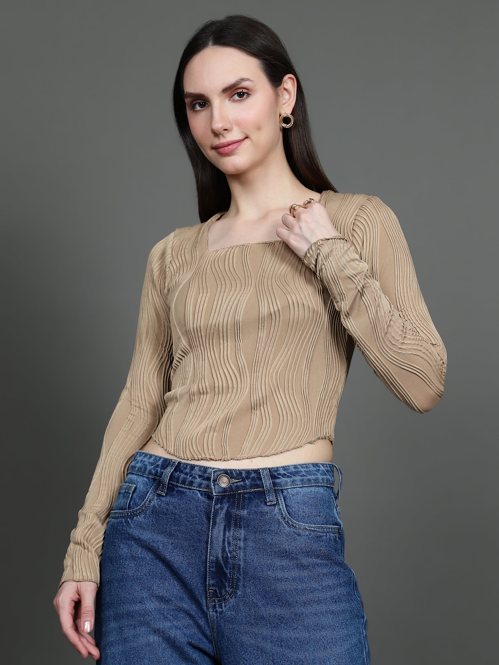 Full Sleeve Square Neck T-Shirt (Beige)