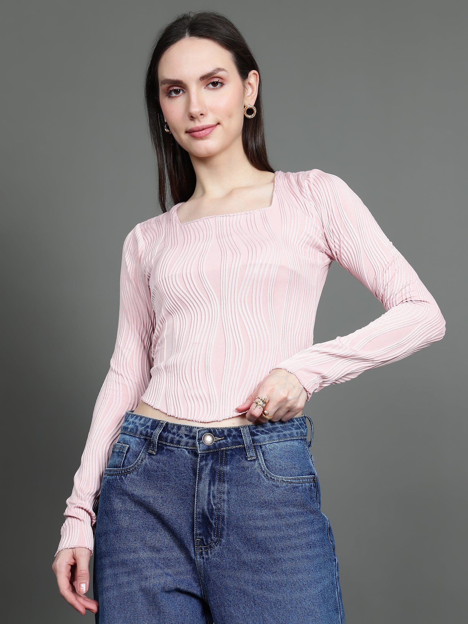 Full Sleeve Square Neck T-Shirt (Baby Pink)