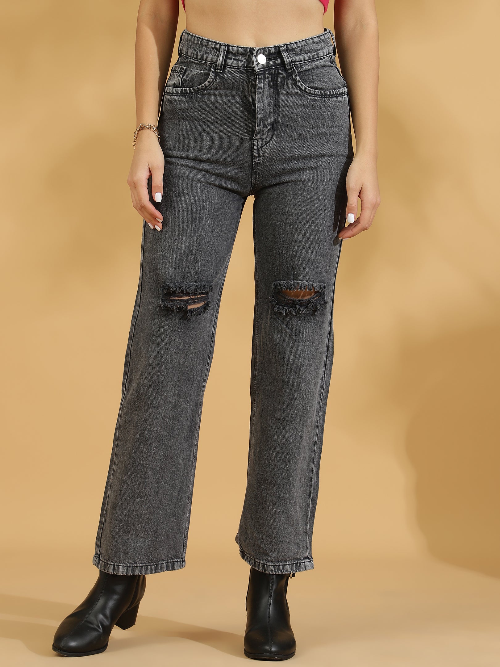 High Rise Distressed Straight fit Jeans (Grey)