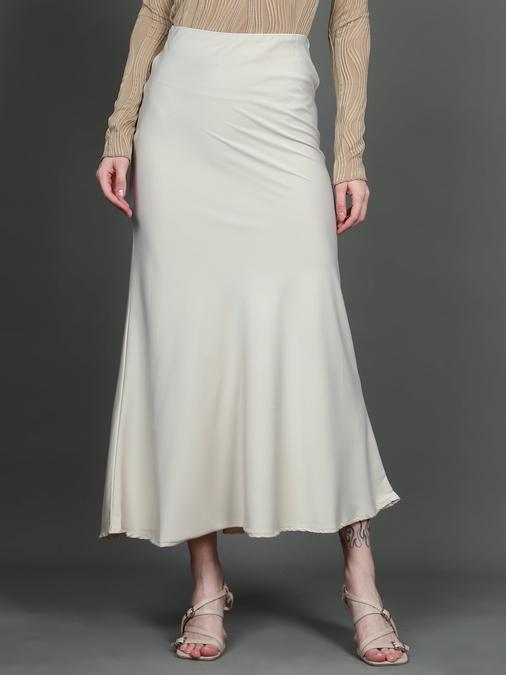 Solid Satin Long Skirt (Light Beige)