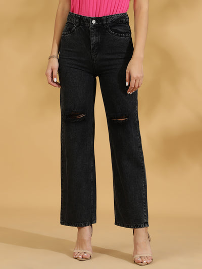 High Rise Distressed Straight fit Jeans (Charcoal Grey)