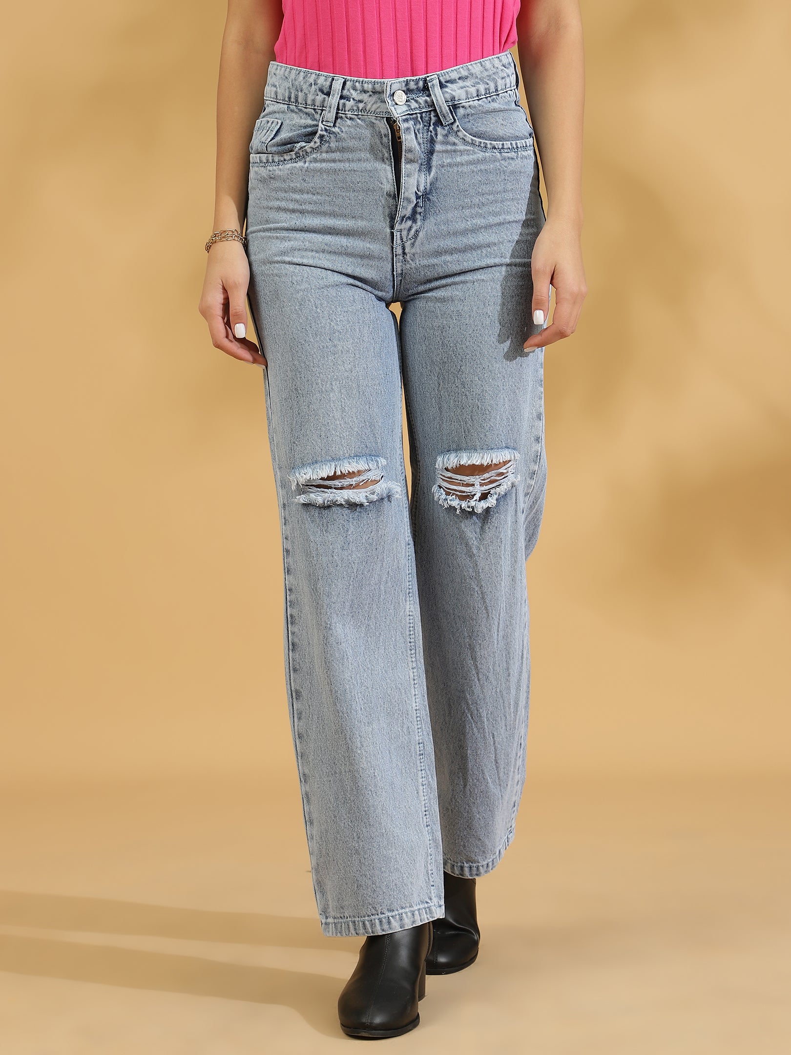 High Rise Distressed Straight fit Jeans (Light Blue)