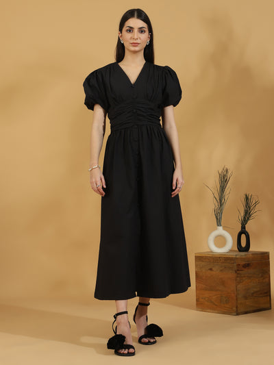 Solid Puff Sleeve Button Down Dress (Black)