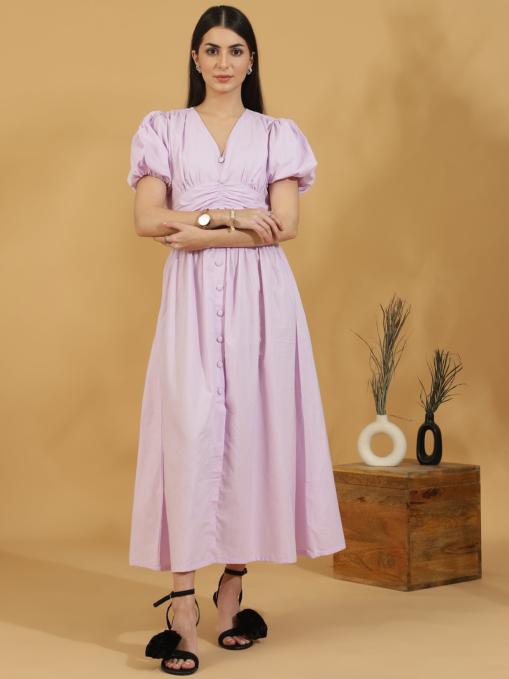 Solid Puff Sleeve Button Down Dress (Lavender)