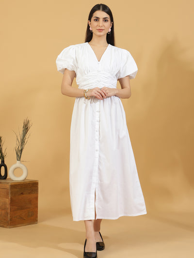 Solid Puff Sleeve Button Down Dress (White)