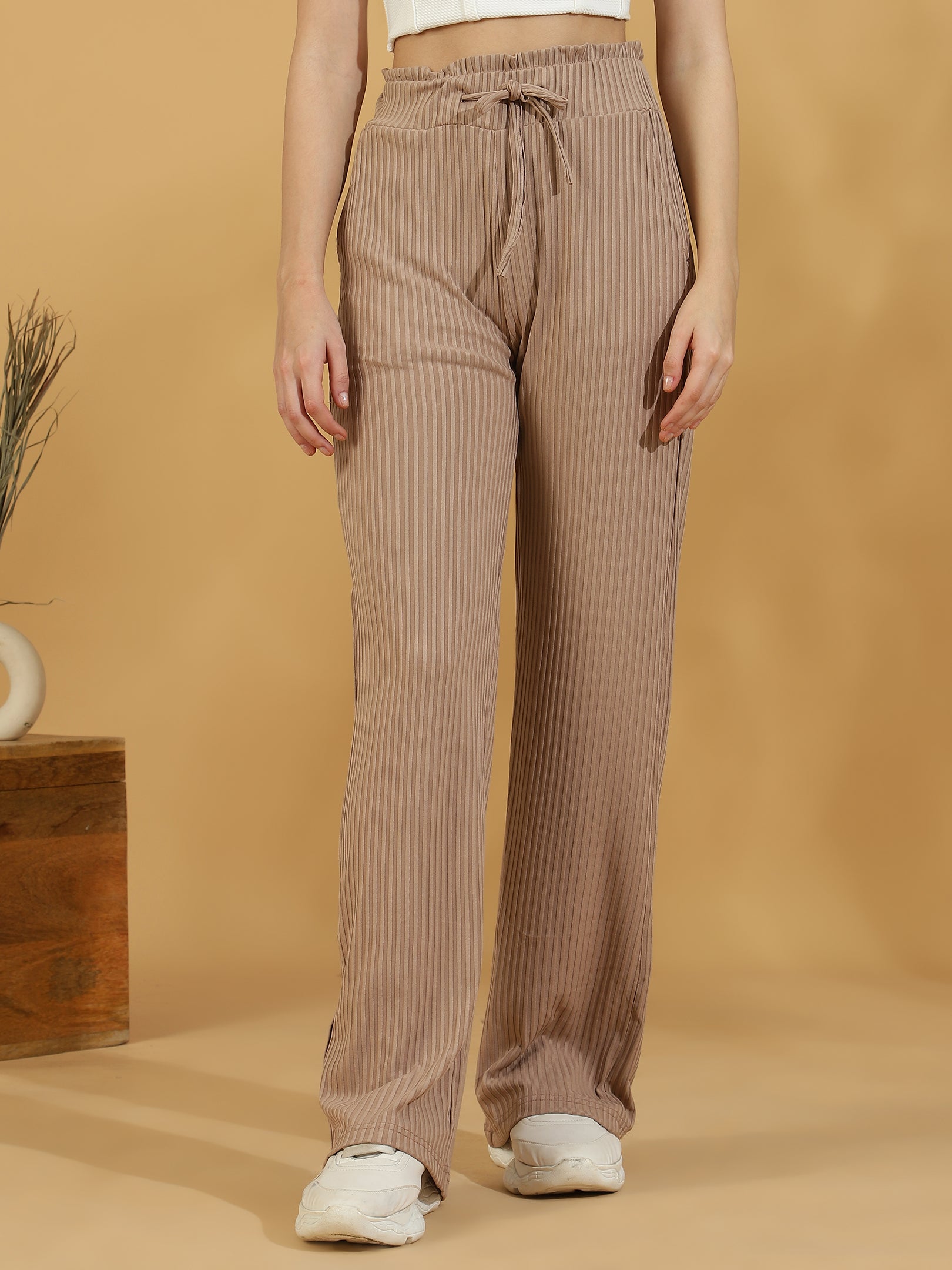 Solid Ribbed Trousers (Beige)