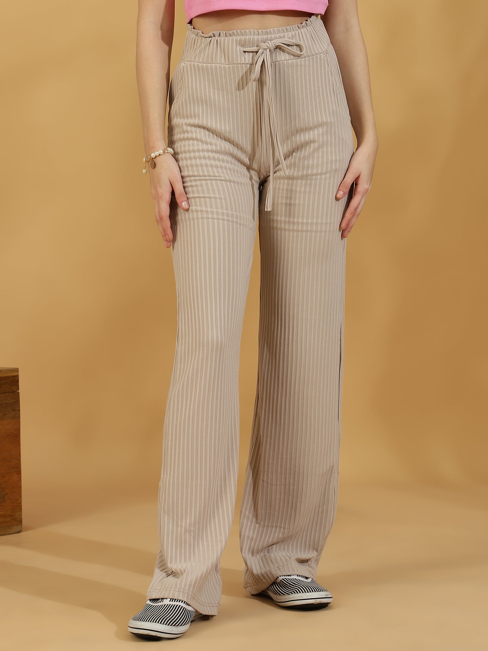 Solid Ribbed Trousers (Light Beige)